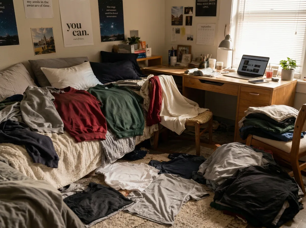 Messy bedroom with clothes scattered on the bed and floor, a desk with a laptop, and motivational posters on the wall.