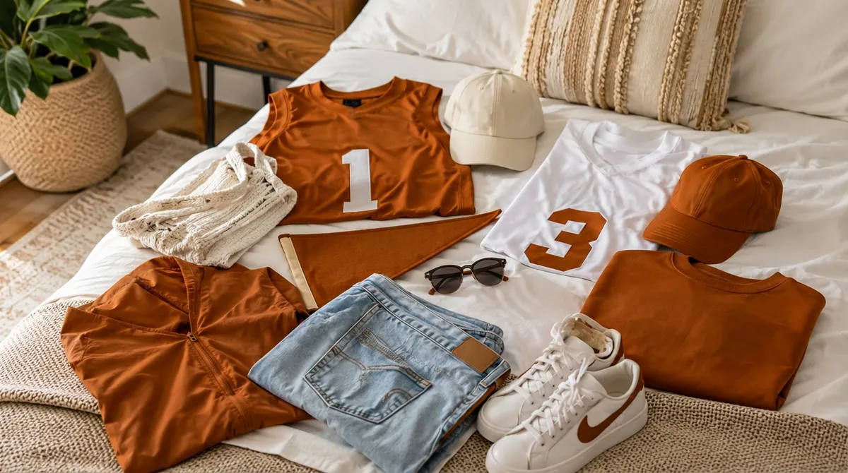 Flat lay of casual clothing and accessories in warm tones on a bed, featuring jerseys, jeans, and sneakers.
