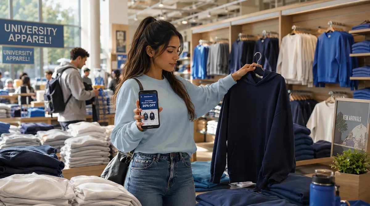 Young woman shopping for university apparel, holding a hoodie and smartphone displaying a discount offer.