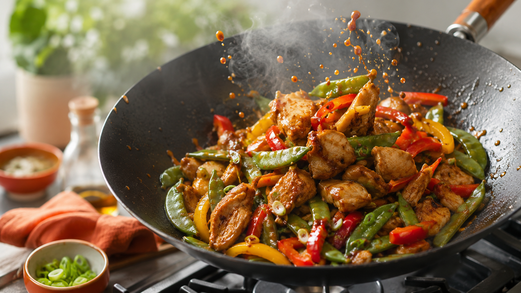 A vibrant stir-fry in a wok features tender chicken pieces, colorful bell peppers, and snap peas, with steam rising, showcasing the quick cooking method ideal for busy nights.