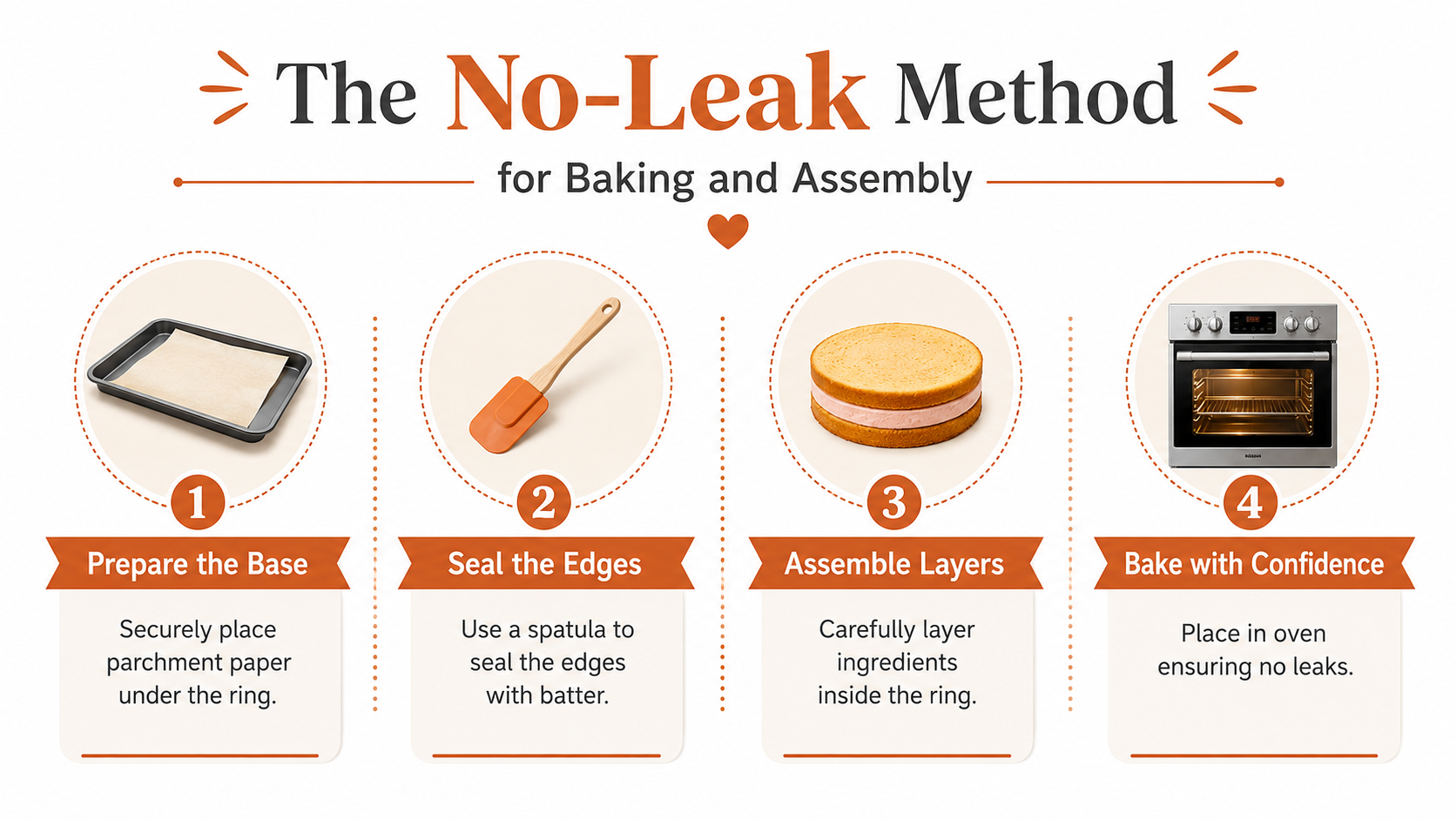 The image illustrates the No-Leak Method for baking and assembly, featuring four steps: preparing the base with parchment paper, sealing edges with a spatula, assembling layers inside a ring, and baking in an oven without leaks.