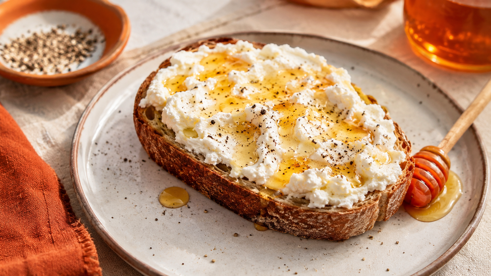 A slice of toasted bread topped with creamy ricotta cheese, drizzled with honey, and sprinkled with black pepper, served on a plate with a honey dipper and a small bowl of spices in the background.