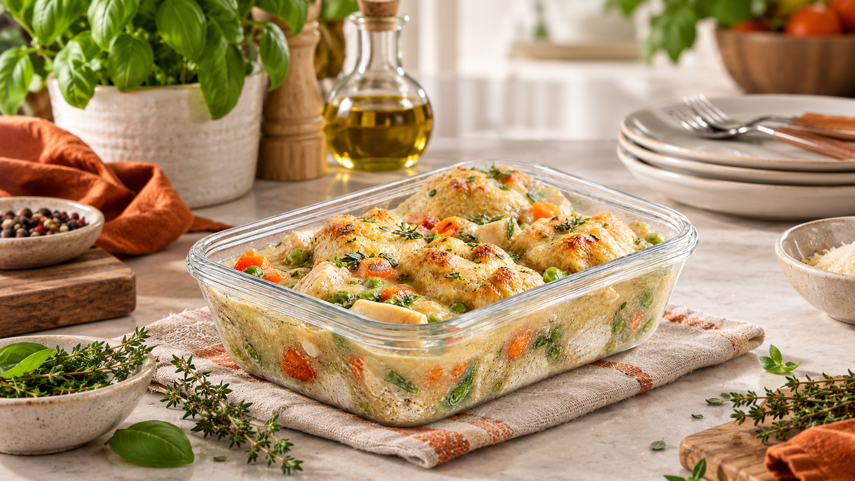 A glass baking dish filled with a colorful vegetable and biscuit casserole, garnished with herbs, sits on a kitchen countertop surrounded by fresh ingredients and cooking utensils.