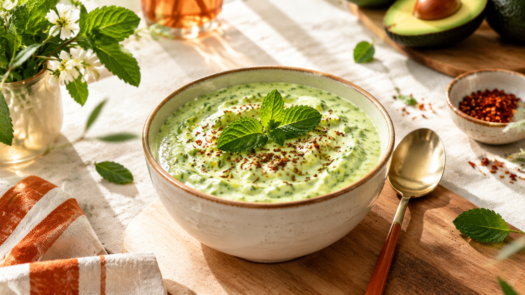 A creamy avocado raita in a bowl, garnished with fresh mint leaves and a sprinkle of red chili flakes, sits on a rustic table alongside avocados, a spoon, and decorative greenery, highlighting its refreshing appeal as a cooling side dish.
