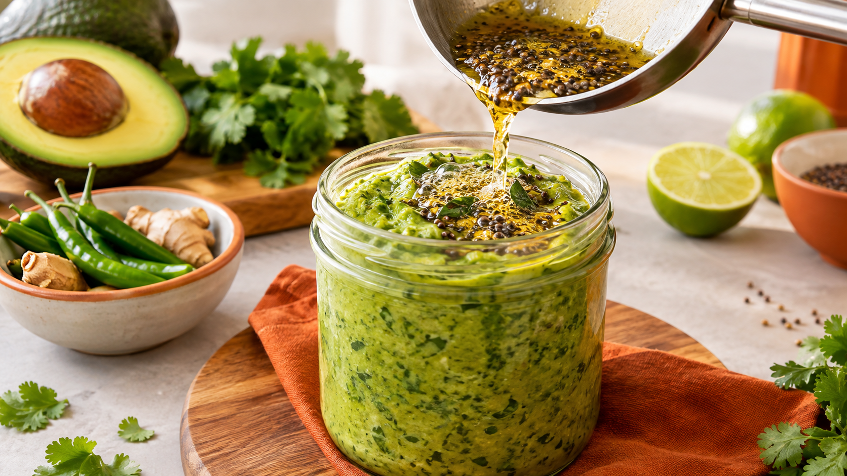 A jar of vibrant green avocado chutney sits on a wooden board, with cilantro, green chilies, ginger, and lime in the background, while mustard seeds are being poured on top, highlighting its fresh ingredients and versatility.