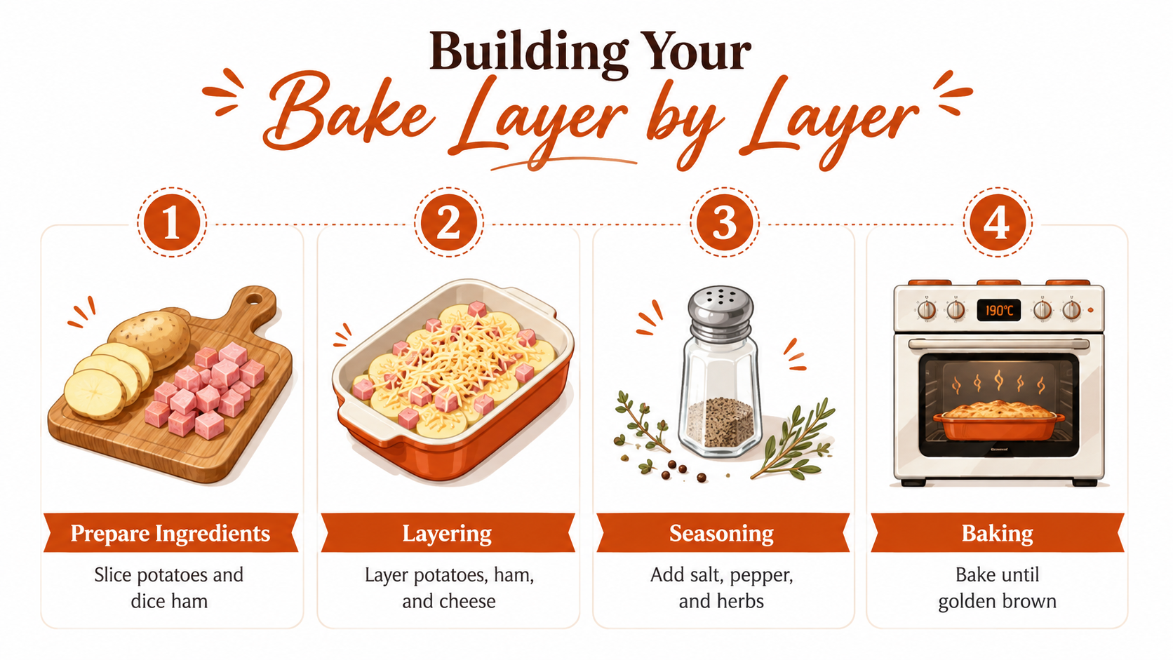 The image illustrates a step-by-step guide for assembling a layered bake, featuring sliced potatoes and diced ham, layering ingredients in a dish, adding seasoning with a shaker, and baking in an oven until golden brown.