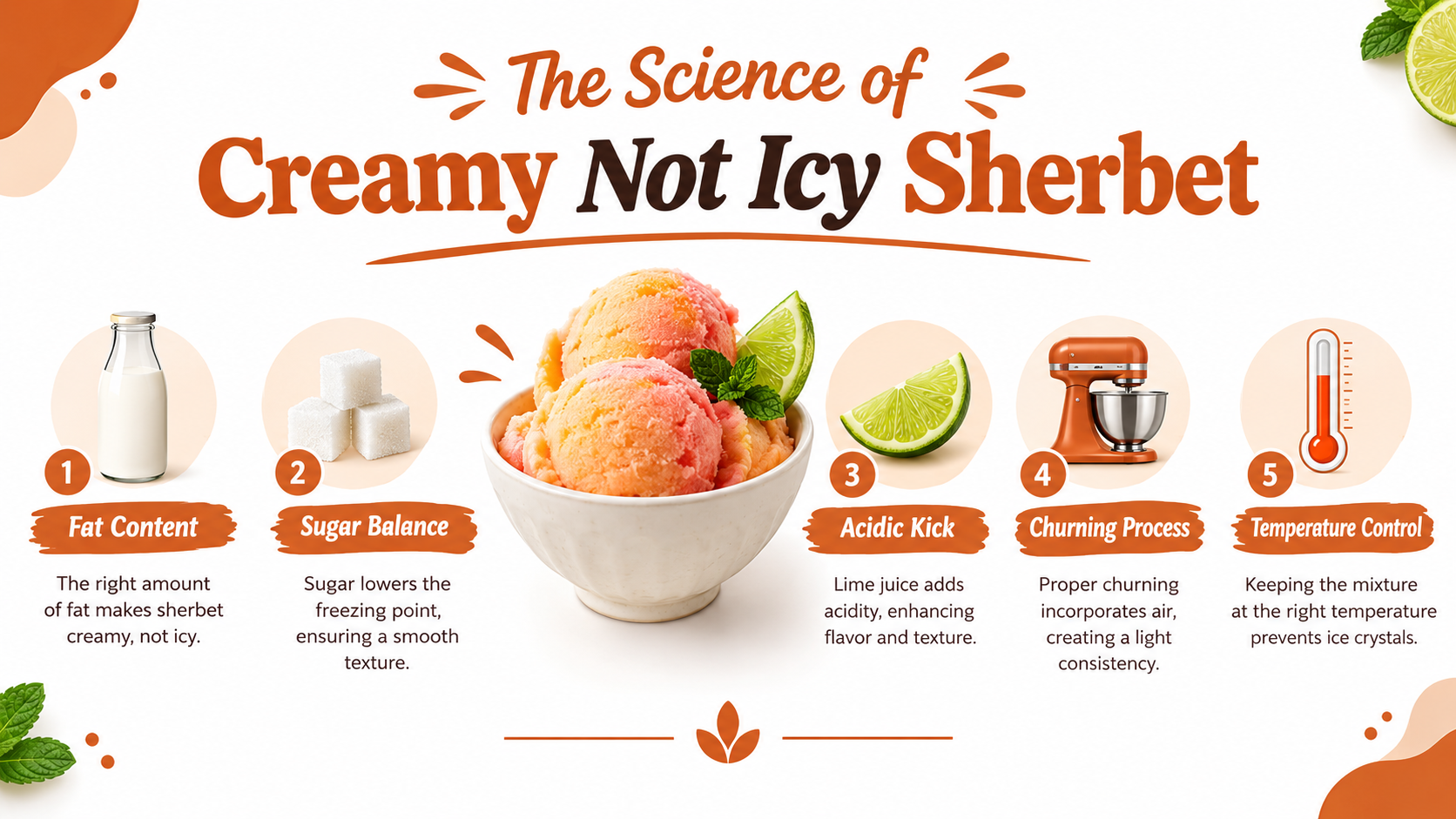 A bowl of colorful sherbet scoops is garnished with lime slices, accompanied by a visually appealing infographic outlining the key factors for making creamy sherbet, including fat content, sugar balance, and temperature control.
