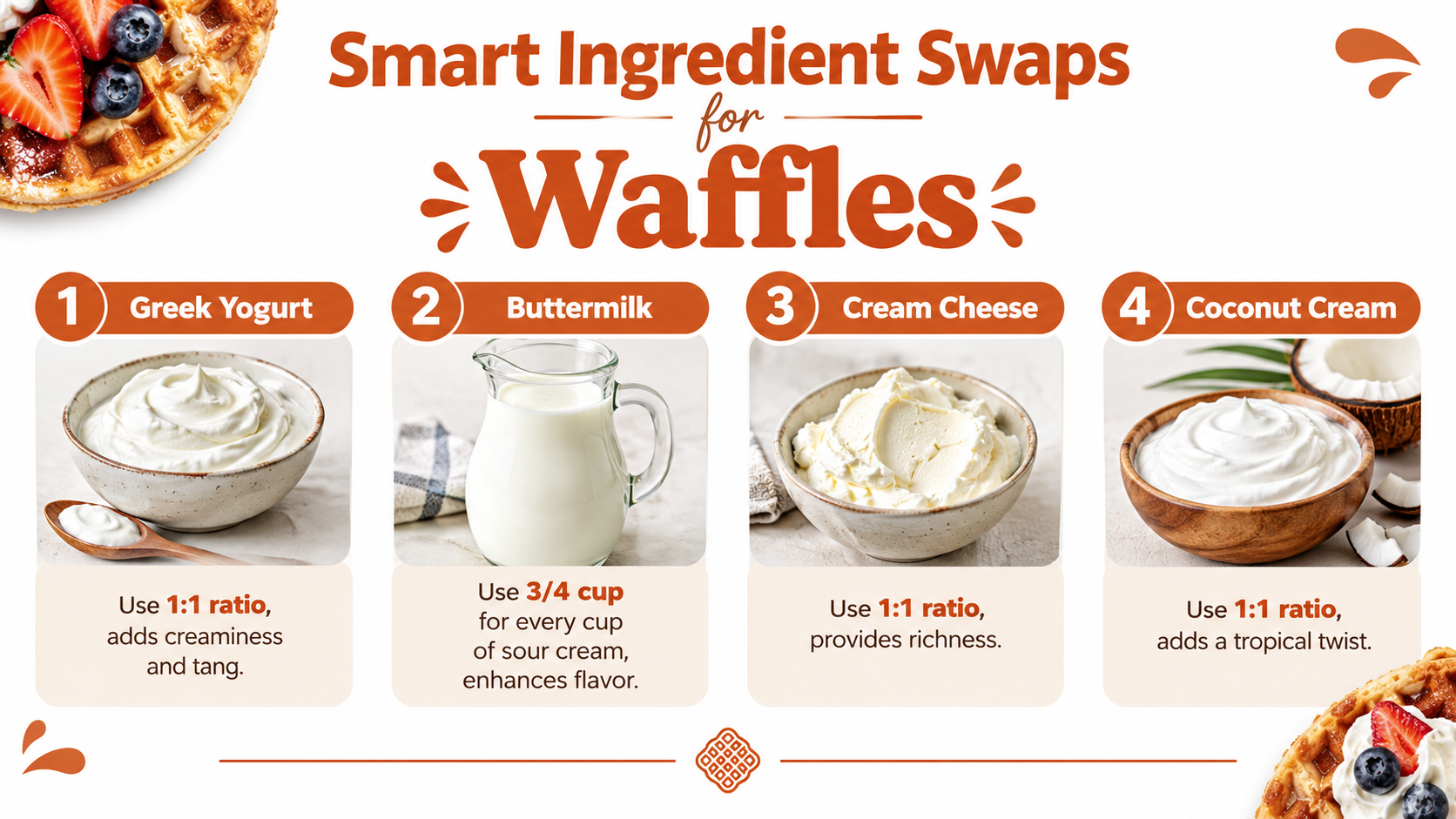 Four bowls containing different ingredients for waffle substitutions are displayed, labeled with their names and suggested ratios: Greek yogurt, buttermilk, cream cheese, and coconut cream, each highlighting their unique benefits.
