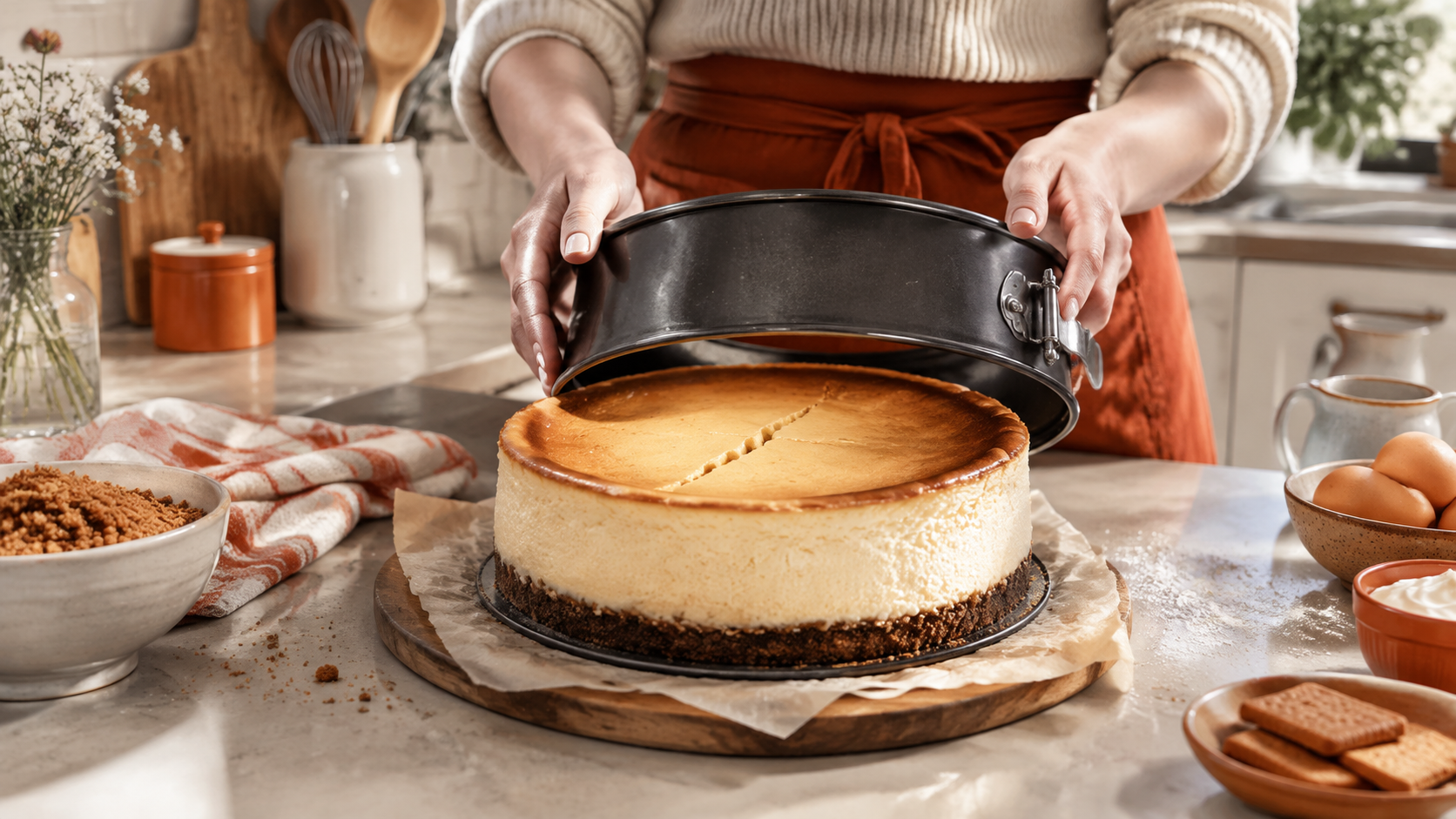 A person gently removing the sides of a springform pan from a freshly baked cheesecake, set on a wooden board, with baking ingredients and utensils visible in a cozy kitchen setting.