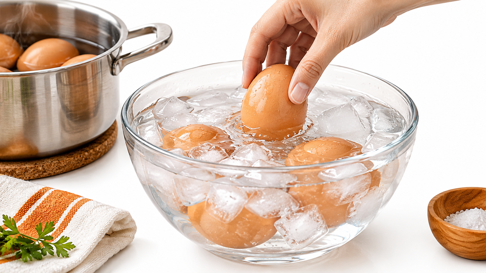 A hand places a brown egg into a clear glass bowl of ice water, next to a steaming pot of boiled eggs and a small wooden bowl of salt.