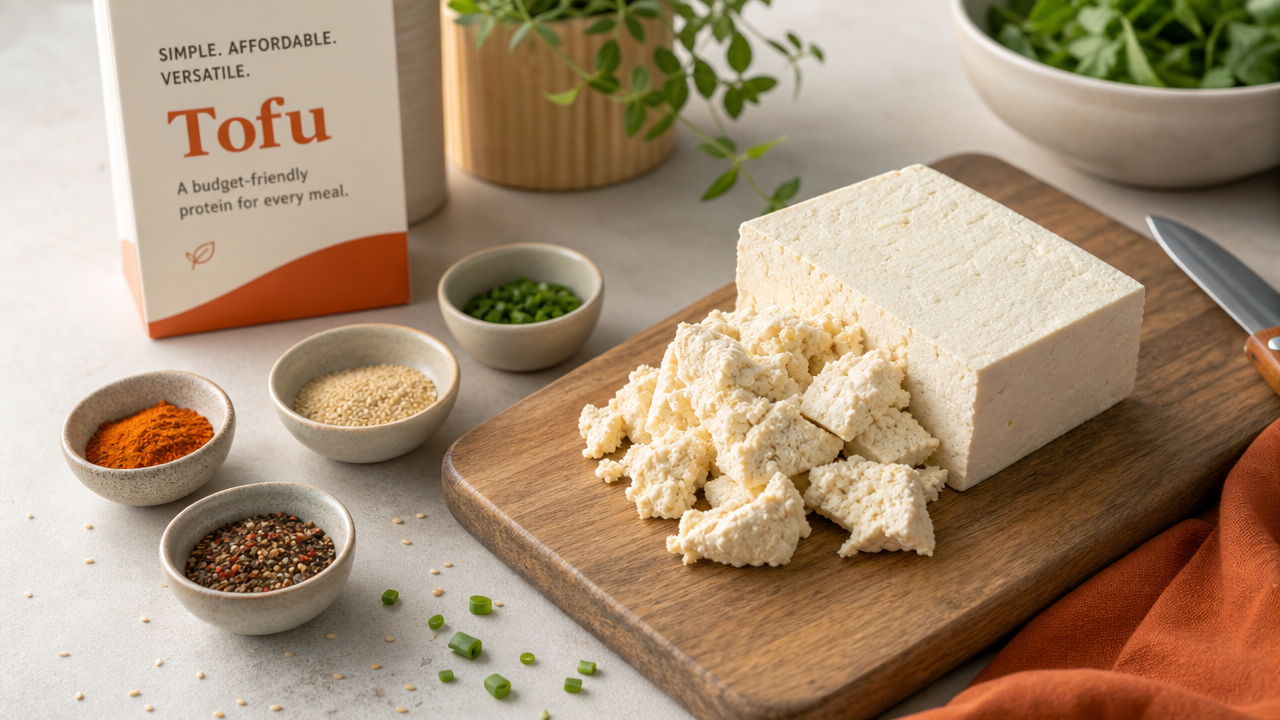 A block of crumbled tofu on a wooden cutting board, surrounded by bowls of spices, chopped green onions, and a box labeled "Tofu," highlighting its affordability and versatility as a meat substitute.