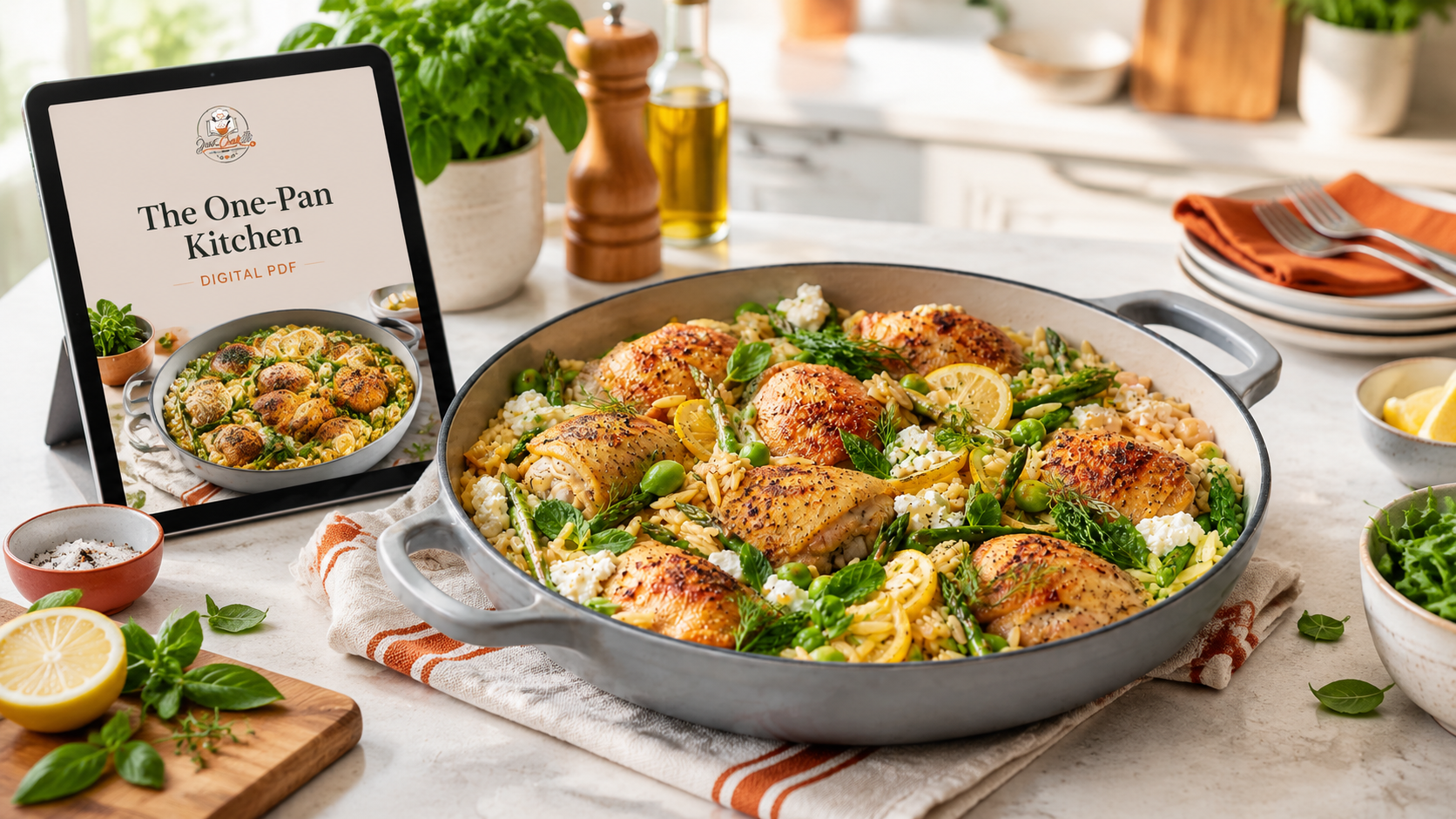 A vibrant one-pan meal featuring seasoned chicken, fresh vegetables, and lemon, served alongside an iPad displaying the "The One-Pan Kitchen" digital PDF, emphasizing easy cooking with minimal cleanup.