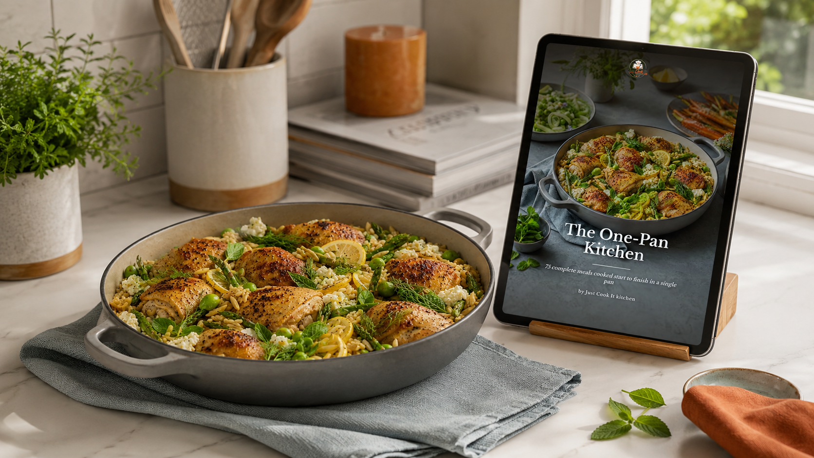 A beautifully arranged one-pan meal featuring chicken thighs and vegetables sits in a gray skillet, with a digital tablet displaying the "The One-Pan Kitchen" recipe collection beside it on a kitchen countertop.