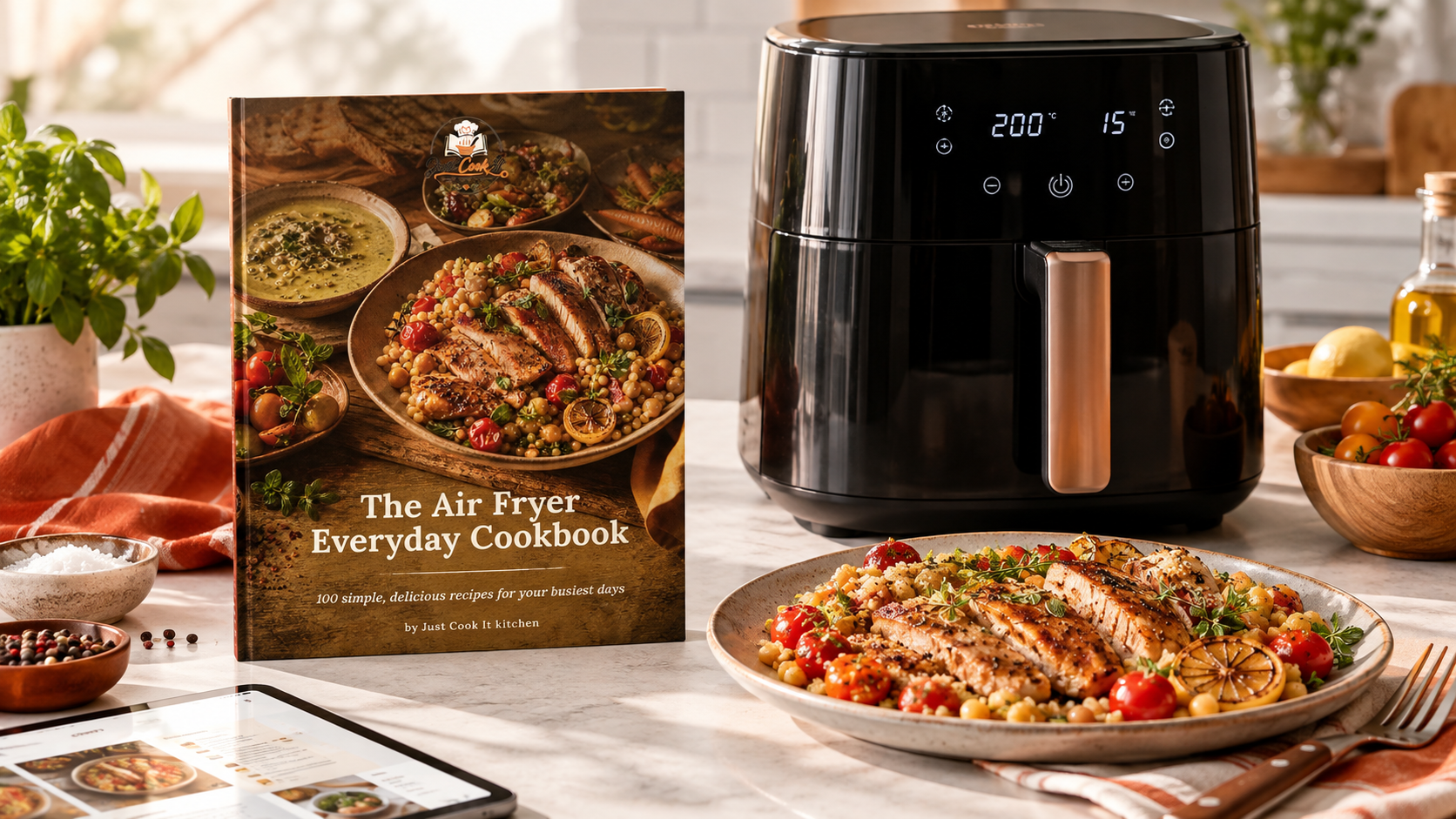 The image showcases "The Air Fryer Everyday Cookbook" next to a beautifully plated dish of crispy chicken and vegetables, with an air fryer prominently displayed in the background, emphasizing quick and delicious meal preparation.