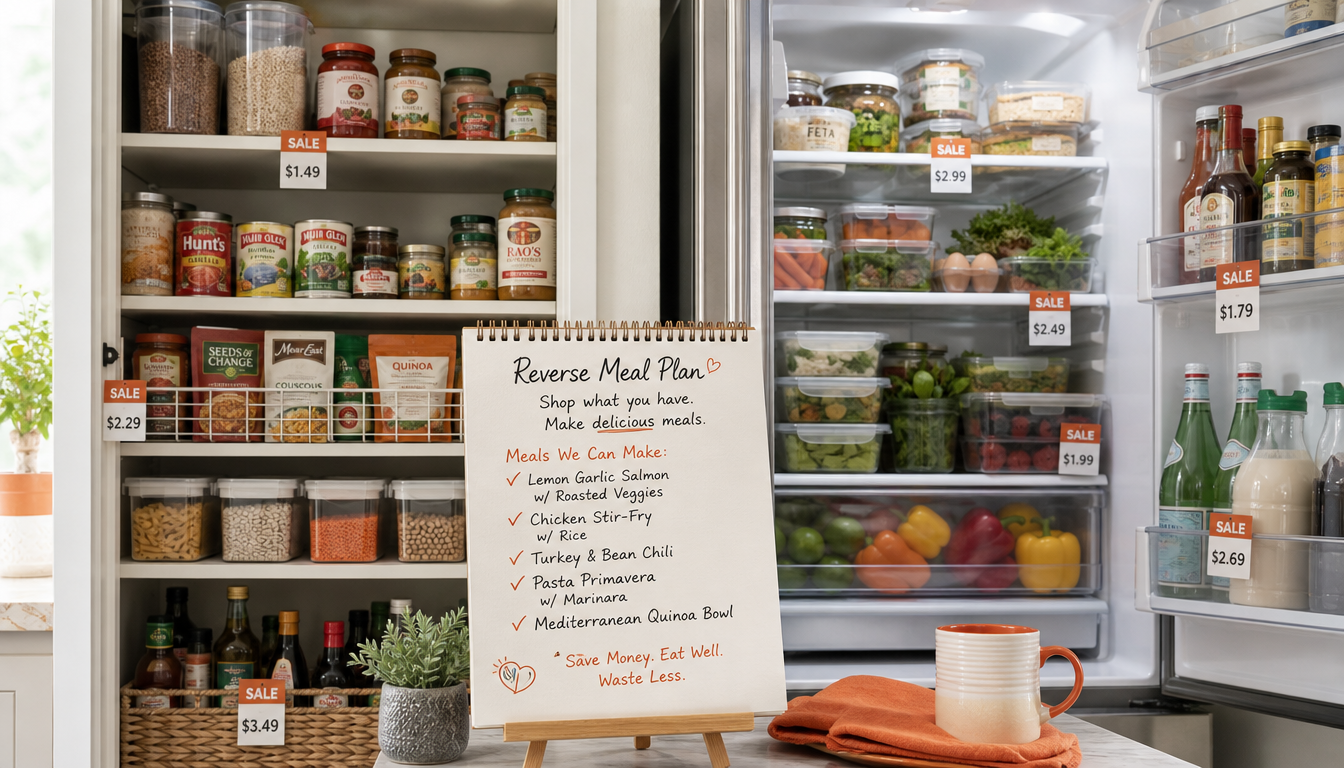 A kitchen scene featuring a whiteboard listing meals for a "Reverse Meal Plan," surrounded by organized shelves of pantry items and a refrigerator filled with fresh produce, all marked with sale prices.