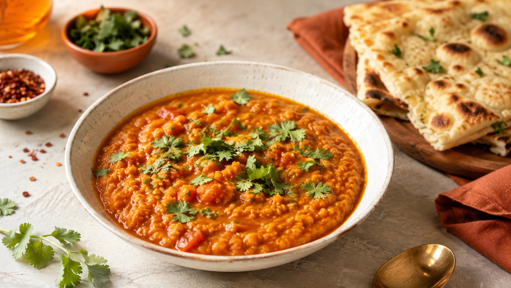 A vibrant bowl of red lentil curry garnished with fresh cilantro, accompanied by naan bread and small bowls of spices, showcasing a hearty and colorful plant-based meal ideal for quick cooking.