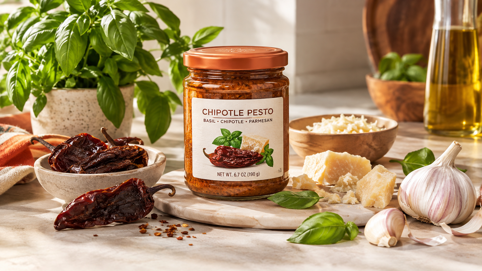 A jar of chipotle pesto surrounded by fresh basil, dried chipotle peppers, garlic cloves, grated Parmesan cheese, and olive oil, set on a kitchen countertop with natural light.