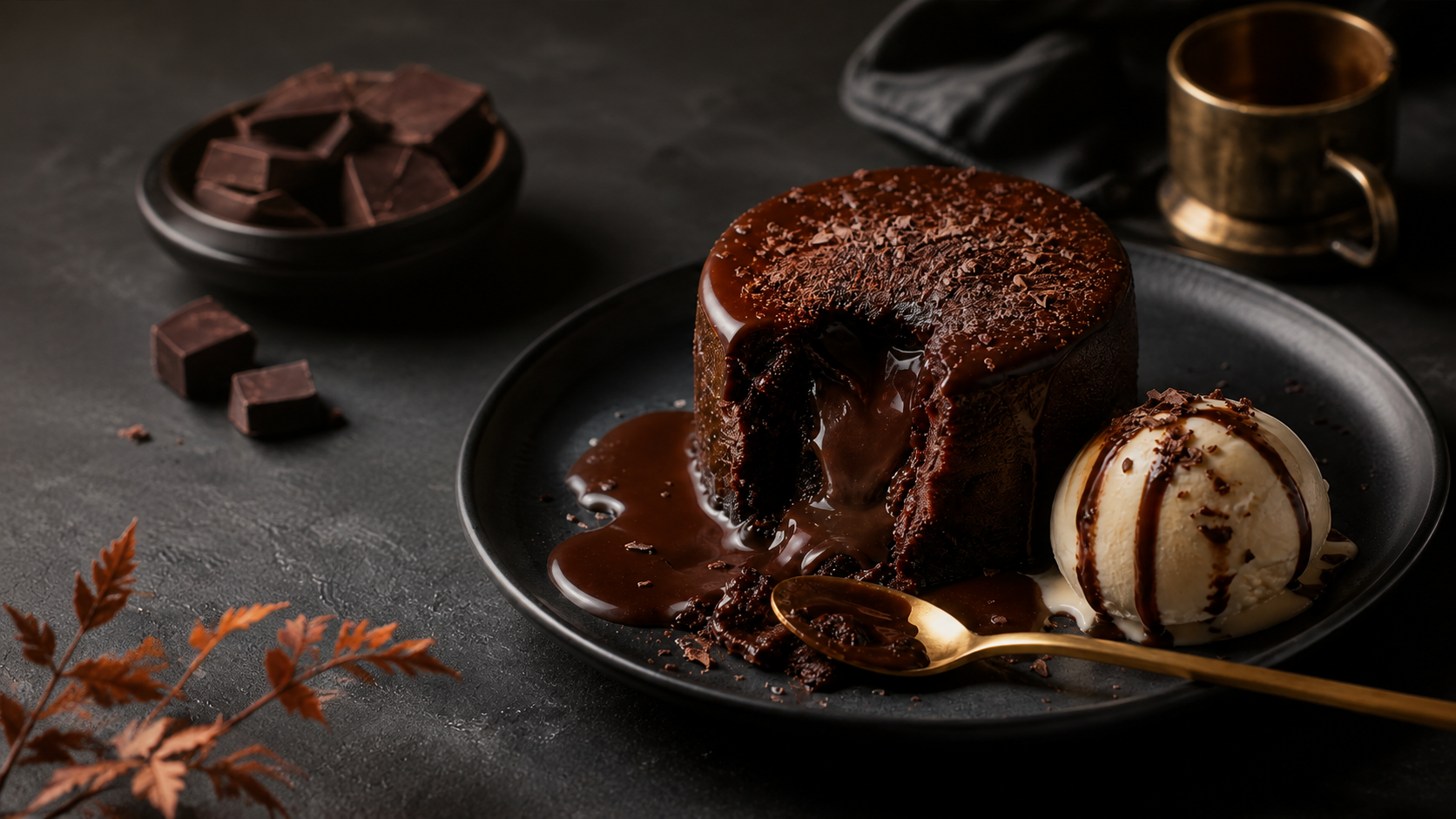 A rich chocolate lava cake with a molten center sits on a black plate, accompanied by a scoop of vanilla ice cream drizzled with chocolate sauce, surrounded by dark chocolate squares and a decorative gold spoon.