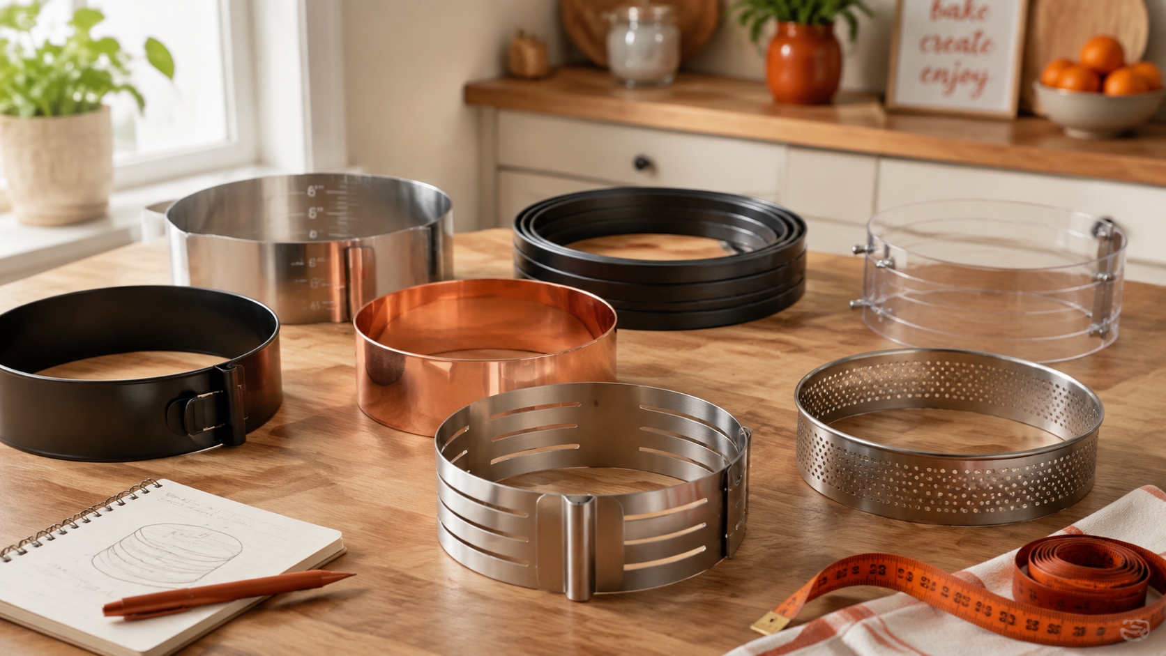 A variety of cake rings in different materials and sizes are displayed on a wooden countertop, alongside a measuring tape and a notebook with cake sketches, set in a bright kitchen environment.
