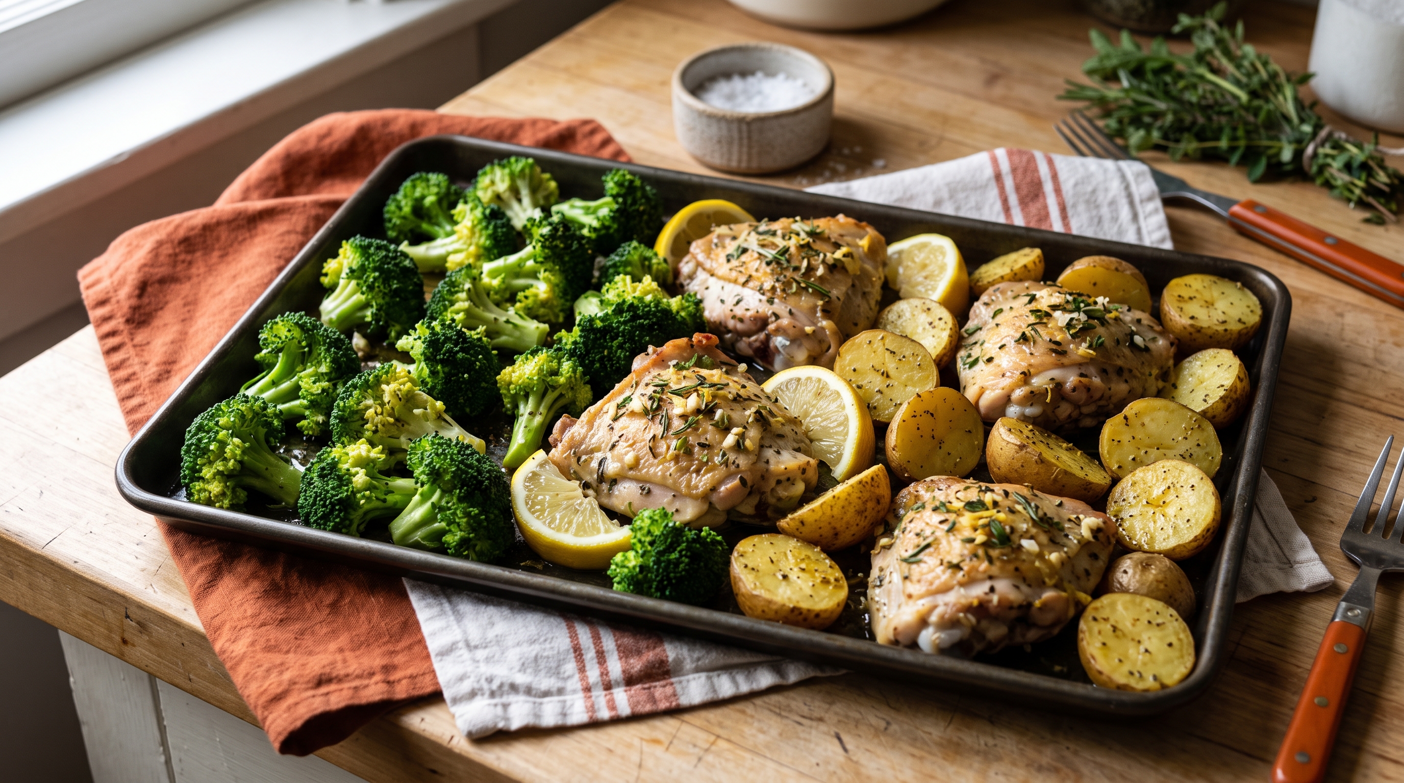 A sheet pan dinner featuring seasoned chicken thighs, lemon slices, broccoli, and roasted potatoes, arranged neatly on a baking tray, highlighting a simple and efficient meal preparation method.
