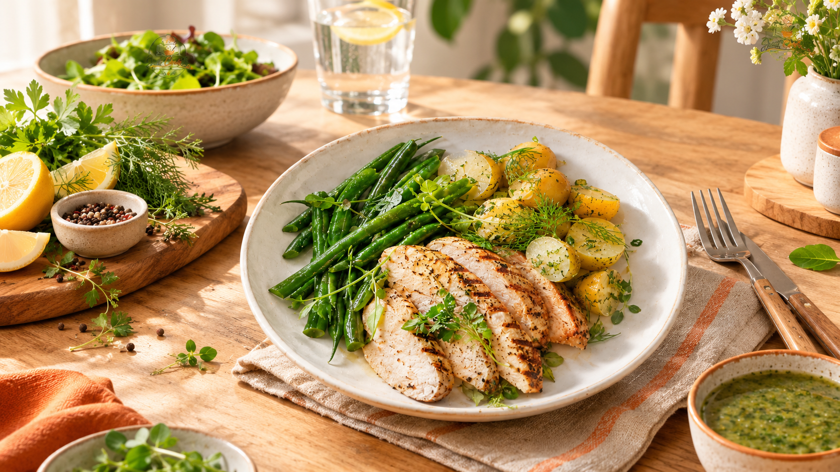 A beautifully arranged plate featuring sliced grilled chicken breast, green beans, and roasted baby potatoes, garnished with fresh herbs, alongside a vibrant salad and a glass of water with lemon on a wooden table.
