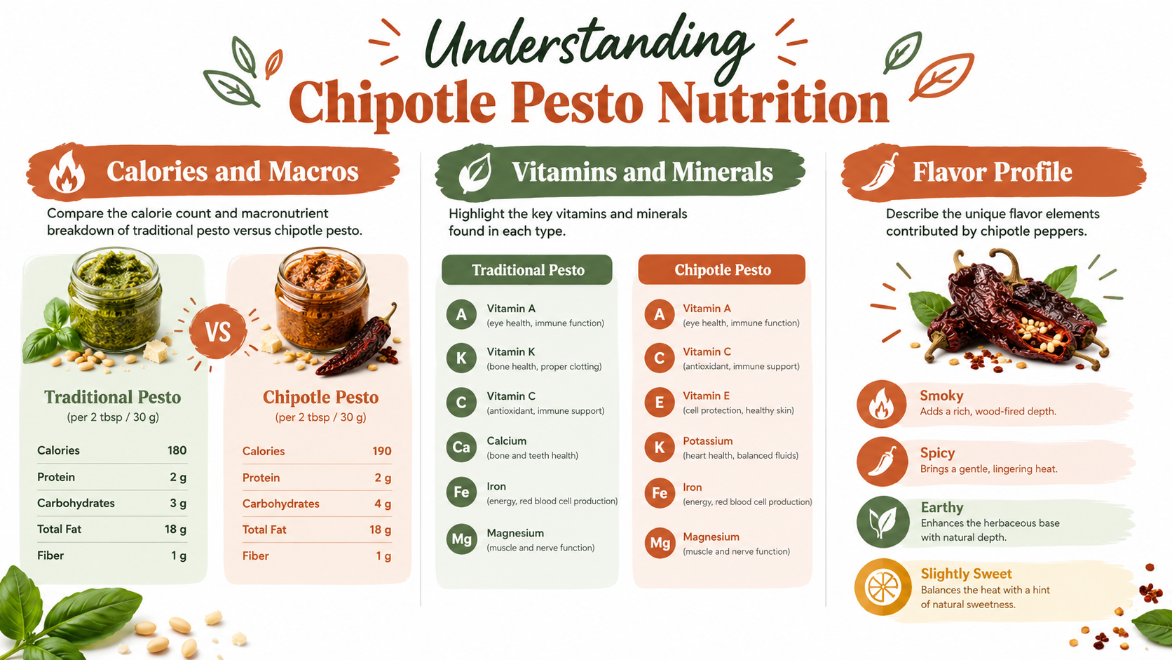 A colorful infographic comparing the nutritional profiles of traditional pesto and chipotle pesto, highlighting calories, macros, vitamins, minerals, and flavor profiles.
