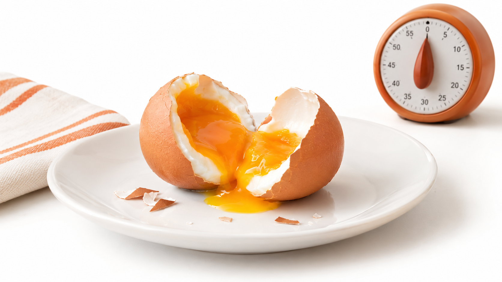 A soft-boiled egg with a runny yolk sits on a white plate next to a kitchen timer and a striped towel.
