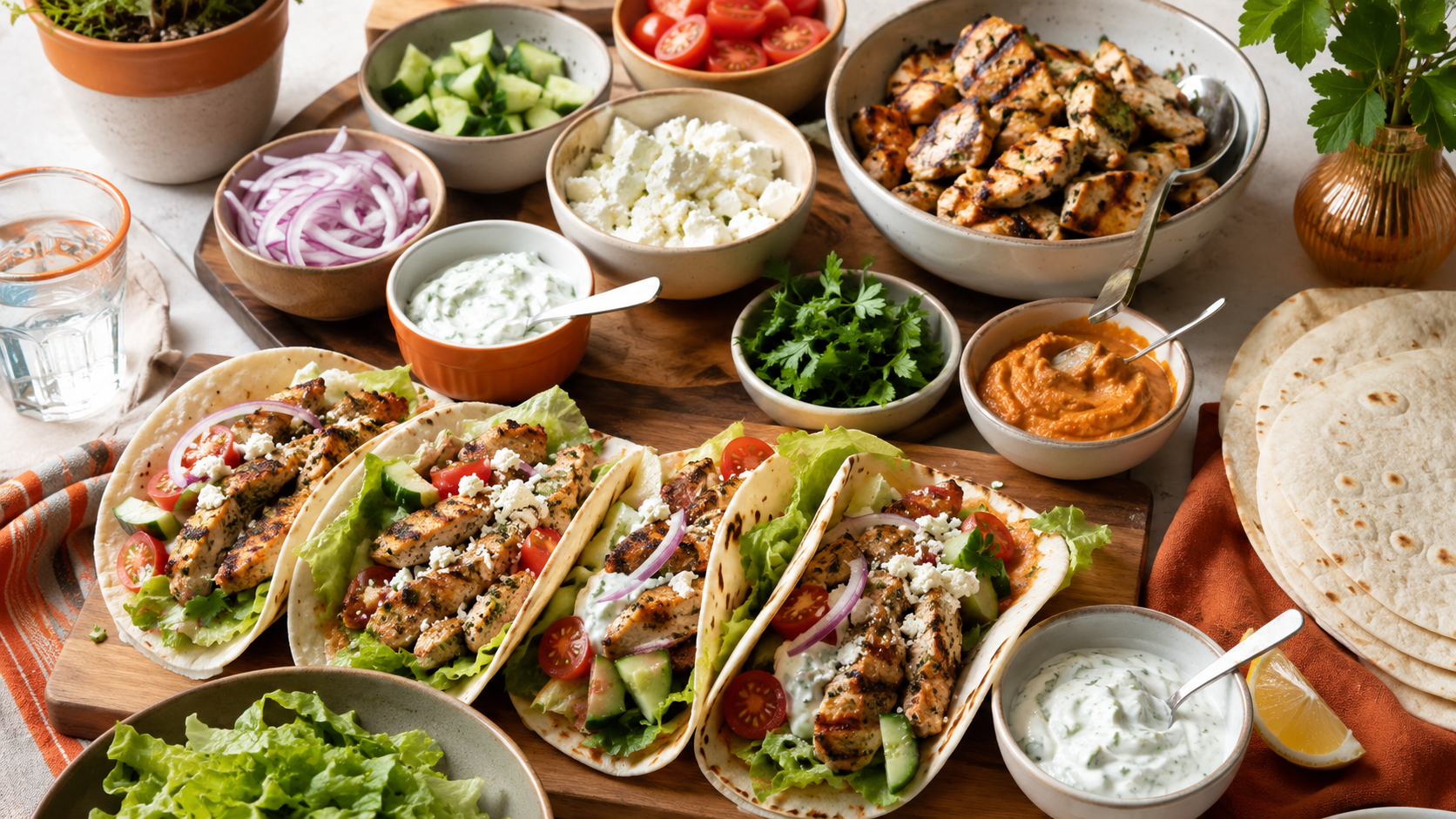 A vibrant spread featuring customizable tacos and wraps, with grilled chicken, fresh vegetables, various toppings, and sauces, showcasing a family-friendly meal option.