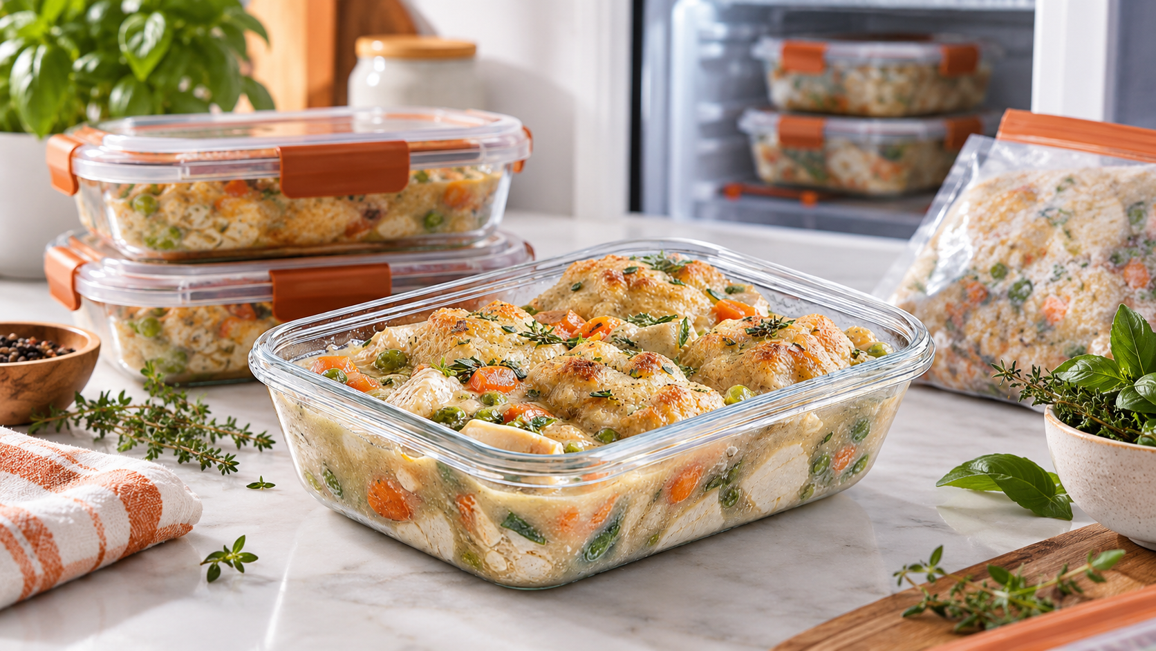 Glass storage containers filled with a colorful vegetable dish are arranged on a marble countertop, with additional containers visible in the background, highlighting the importance of proper food storage.