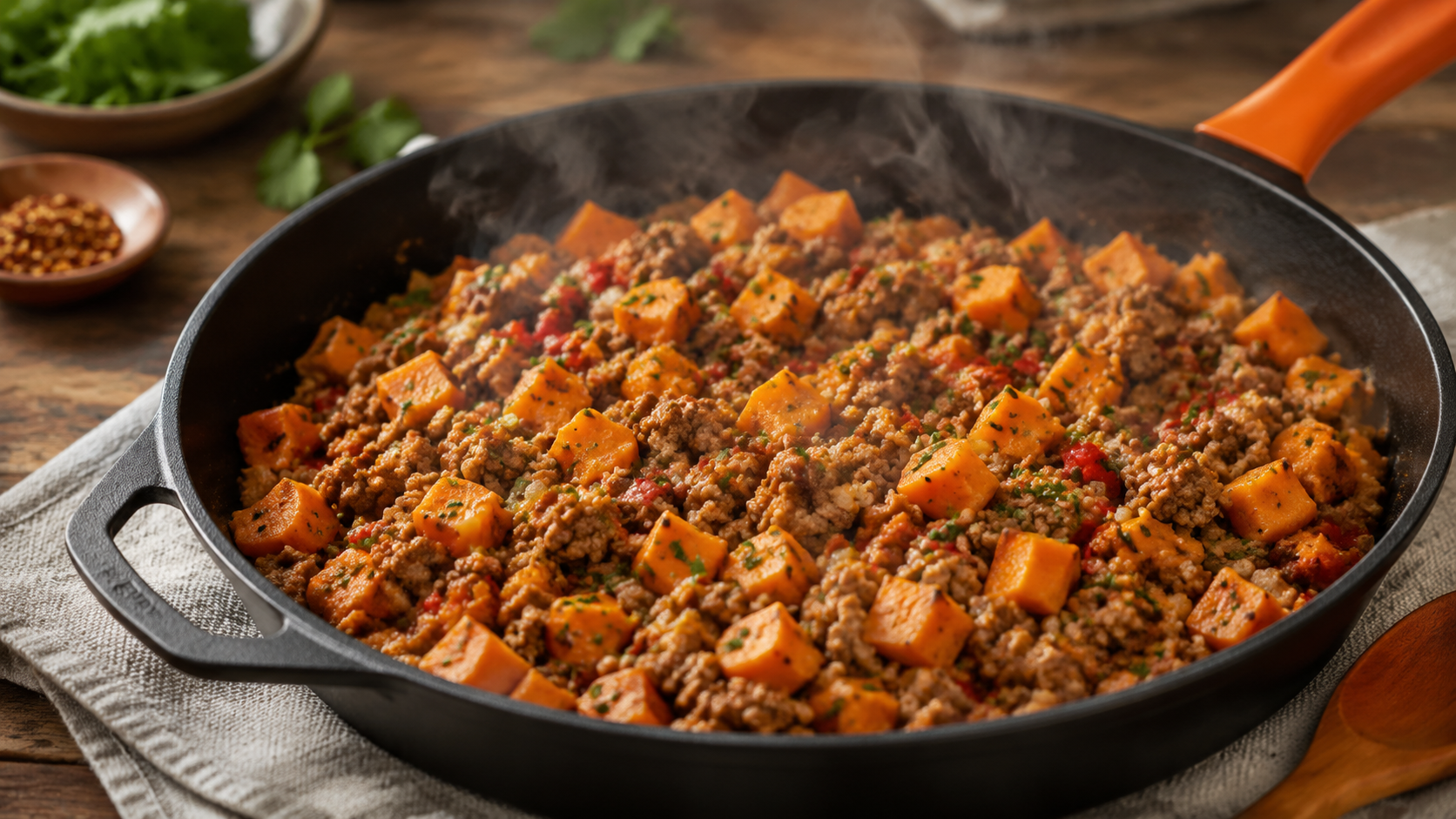 A vibrant skillet filled with ground turkey, diced sweet potatoes, and colorful herbs, steaming and ready to serve, showcasing a nutritious one-pan meal.