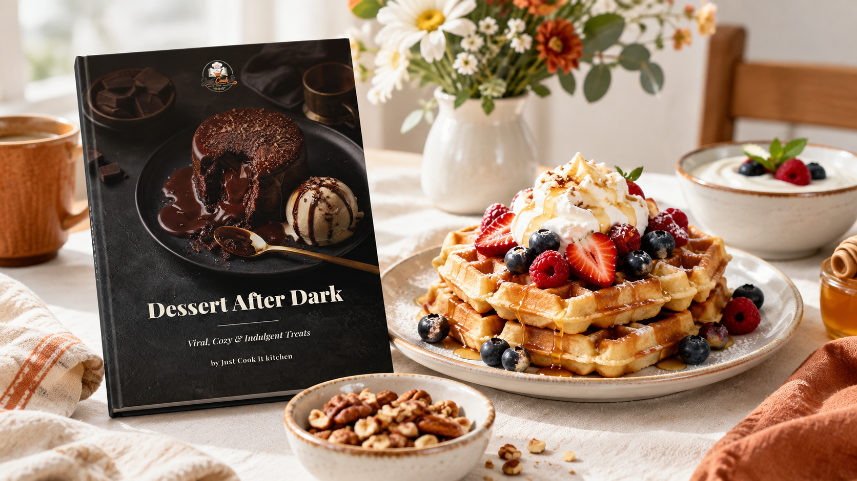 A stack of golden waffles topped with whipped cream, fresh berries, and a drizzle of syrup, accompanied by a dessert cookbook titled "Dessert After Dark" on a rustic table setting.