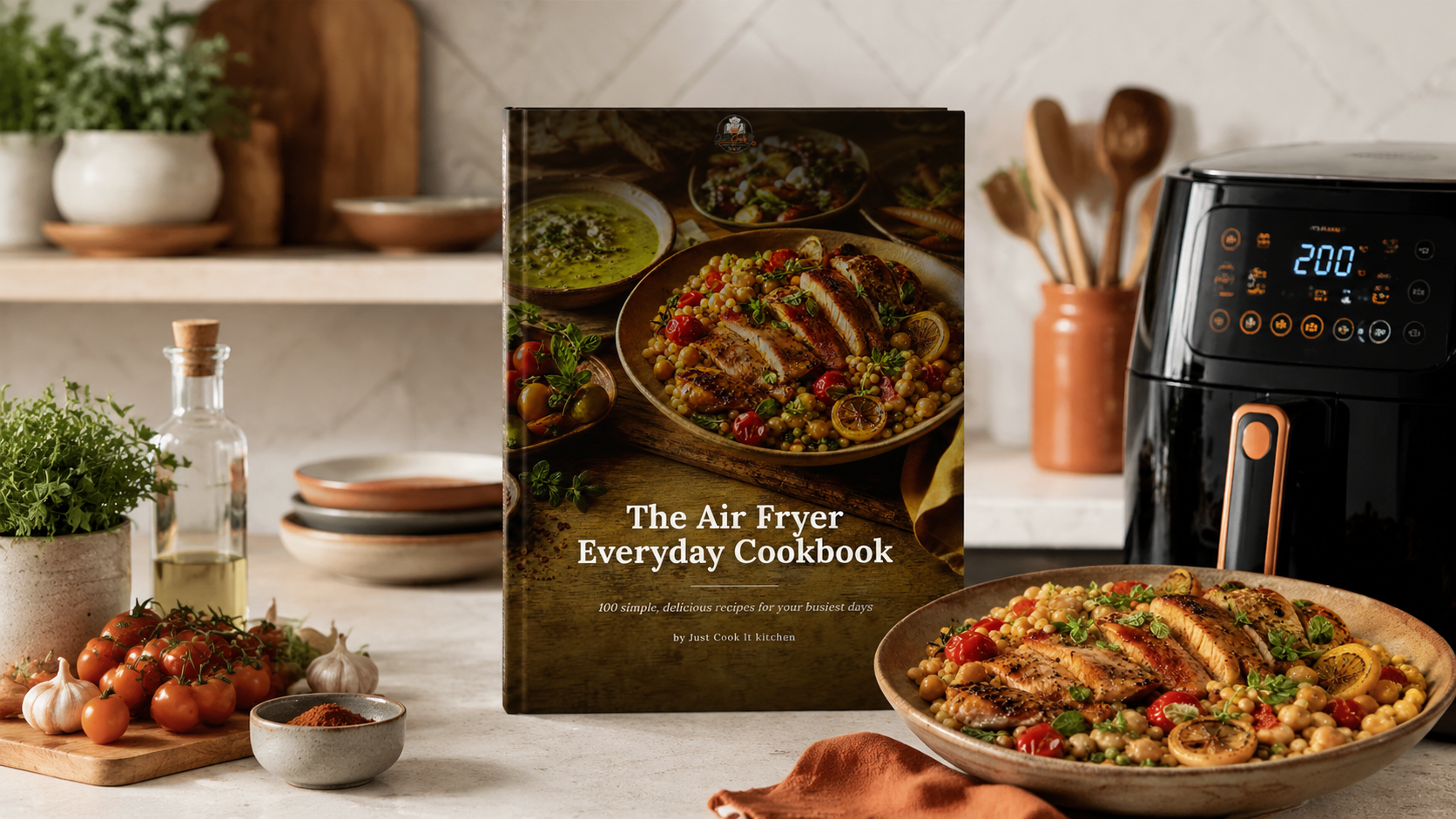 A beautifully arranged kitchen scene featuring "The Air Fryer Everyday Cookbook" alongside a colorful dish of cooked ingredients, an air fryer, and cooking utensils, highlighting the versatility of air frying with minimal oil.