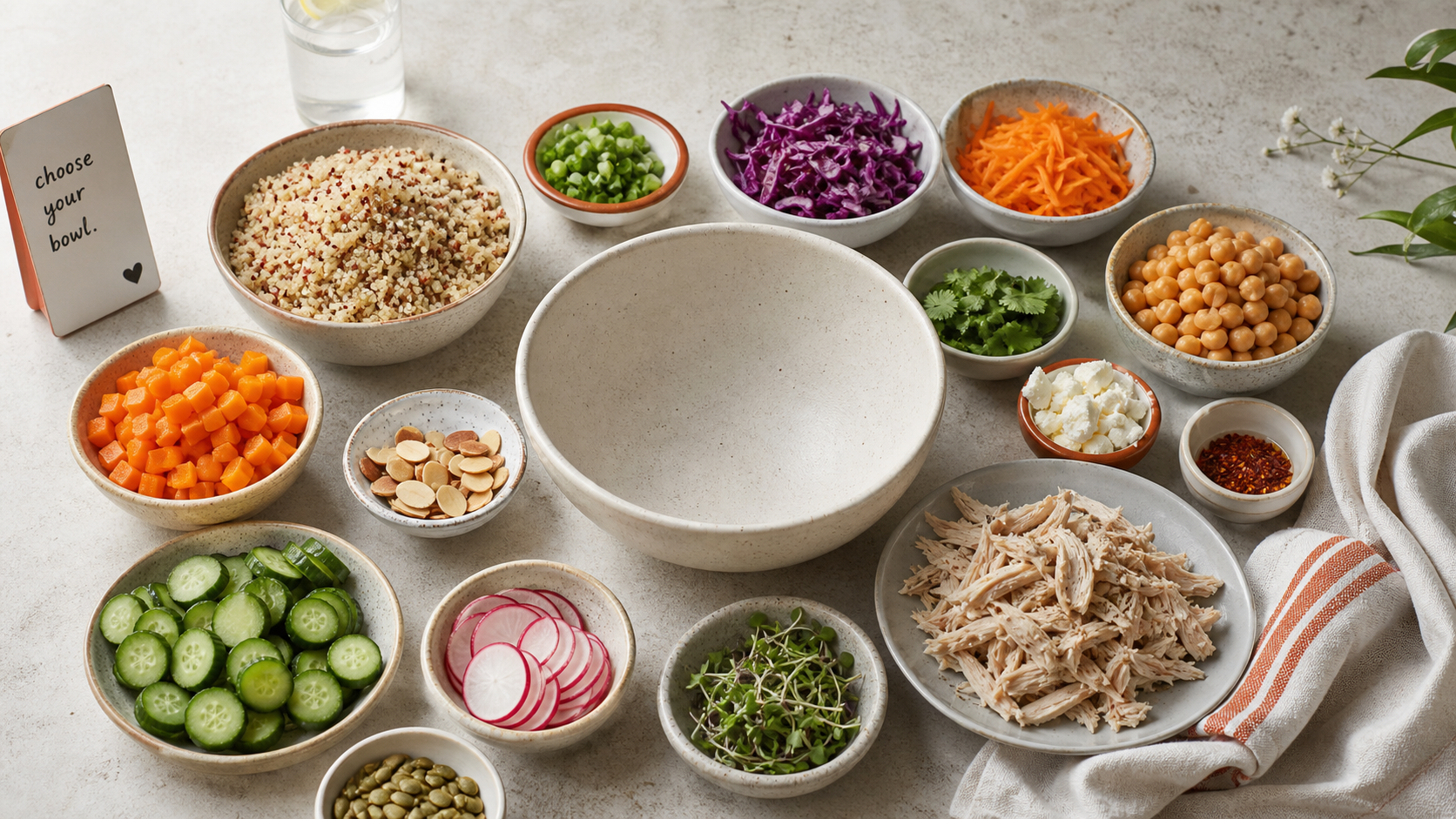 A variety of colorful ingredients for a deconstructed power bowl, including grains, proteins, vegetables, and toppings, arranged around an empty bowl, inviting customization.