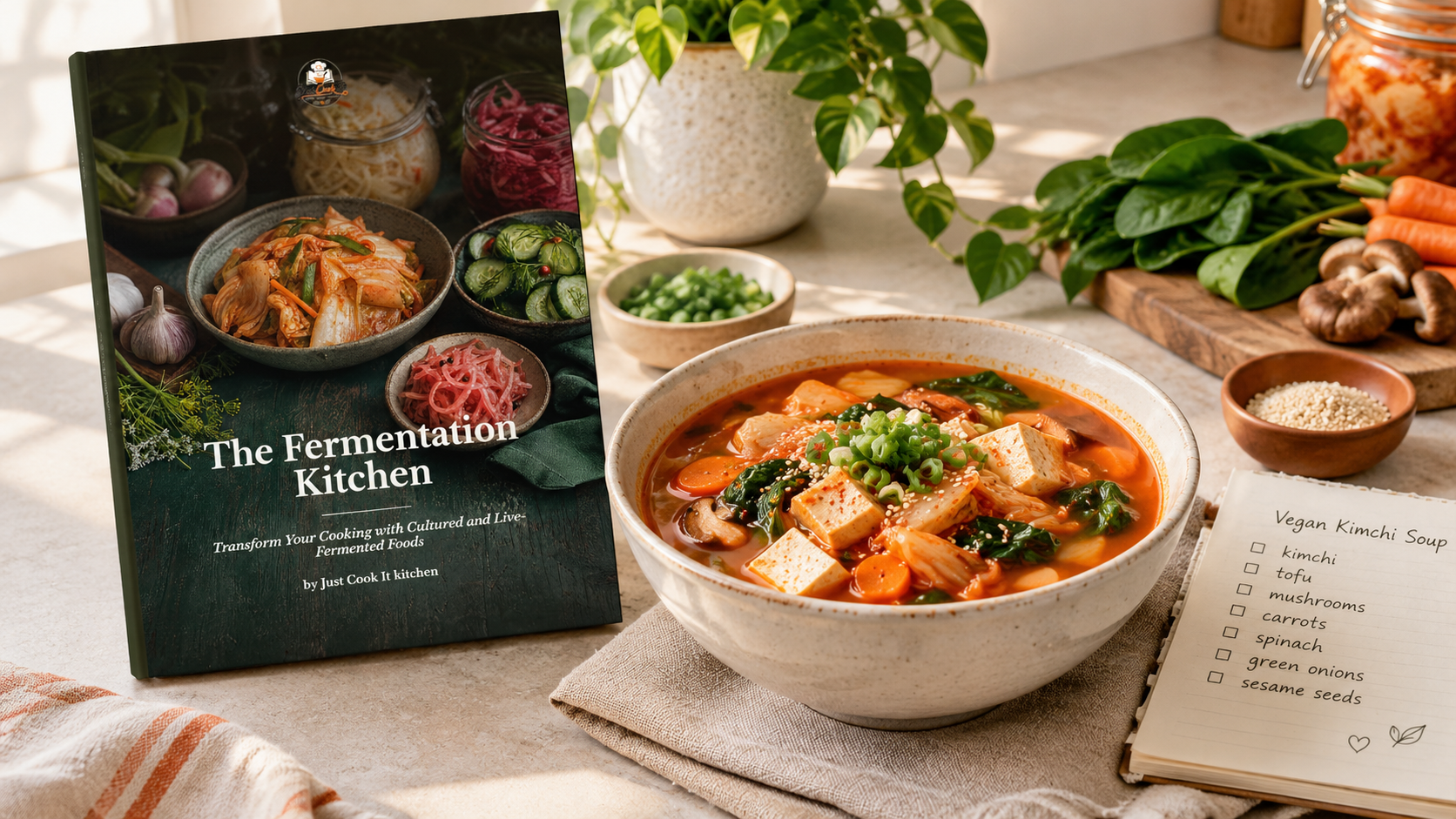 A vibrant bowl of vegan kimchi soup with tofu, green onions, and vegetables, accompanied by a cookbook titled "The Fermentation Kitchen" and a checklist for vegan kimchi ingredients, set against a warm, inviting kitchen backdrop.