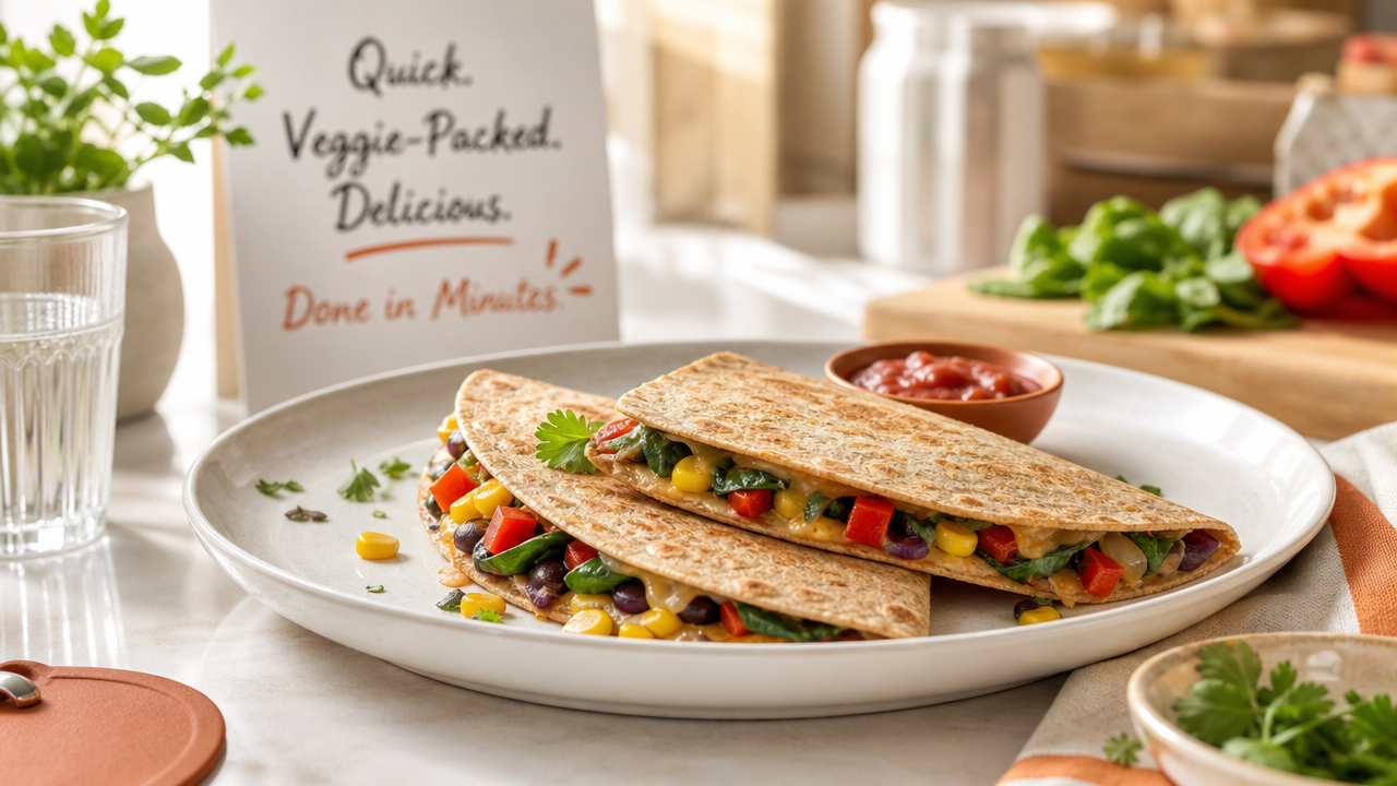 Whole-wheat quesadillas filled with colorful veggies, garnished with cilantro, served on a plate alongside salsa, with a sign highlighting their quick preparation time in a bright kitchen setting.