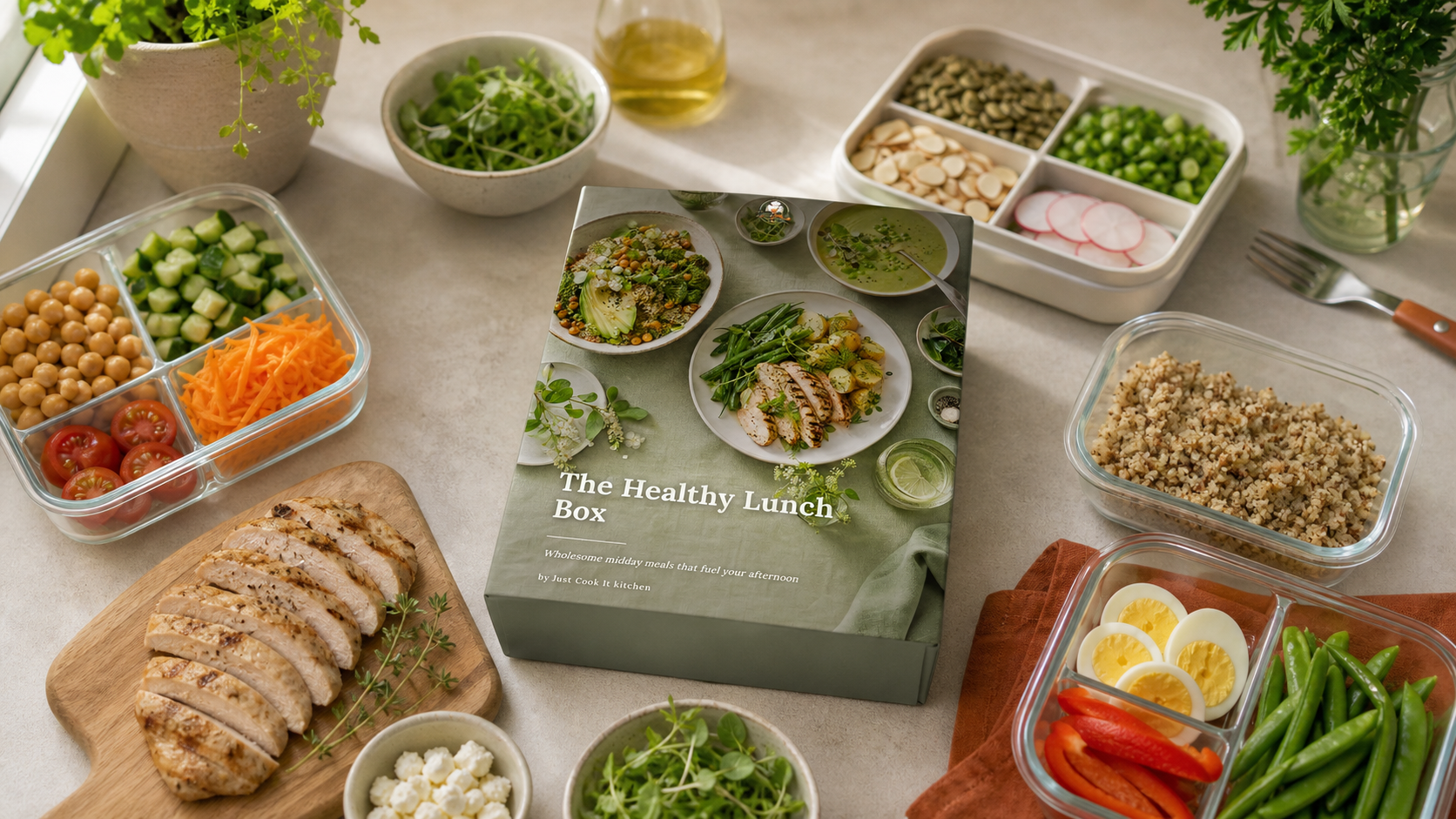 A variety of fresh ingredients and meal prep components are displayed around a cookbook titled "The Healthy Lunch Box," featuring sliced chicken, grains, vegetables, and garnishes, emphasizing easy lunch packing ideas.