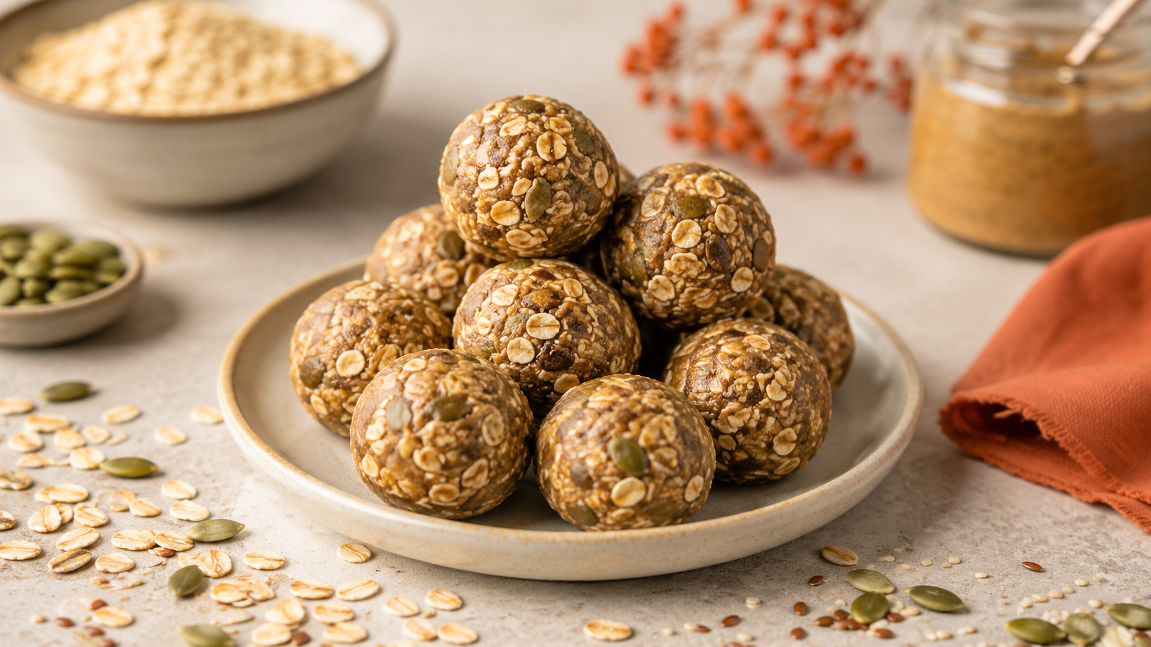 A plate of energy bites made from oats, seeds, and nut butter, surrounded by scattered oats and pumpkin seeds, with a jar of nut butter and a bowl of oats in the background.