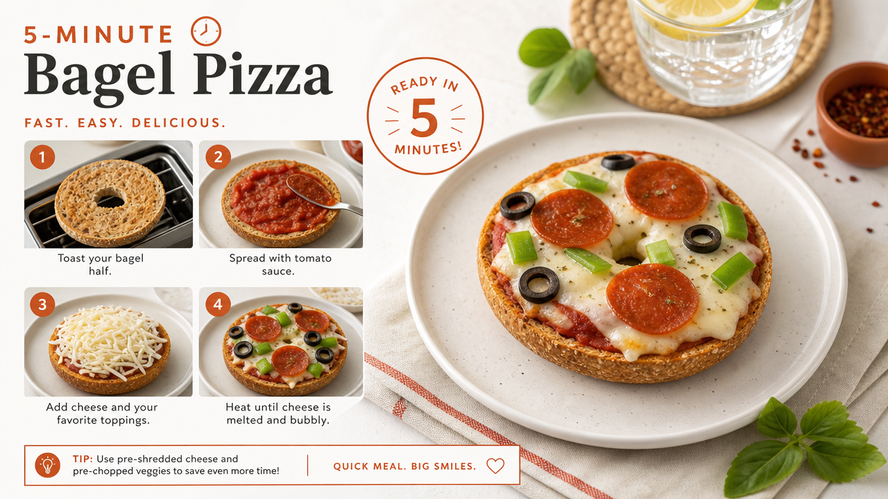 A whole-grain bagel half topped with tomato sauce, cheese, pepperoni, and green onions, displayed on a plate with step-by-step instructions for making quick bagel pizzas, alongside a refreshing drink.