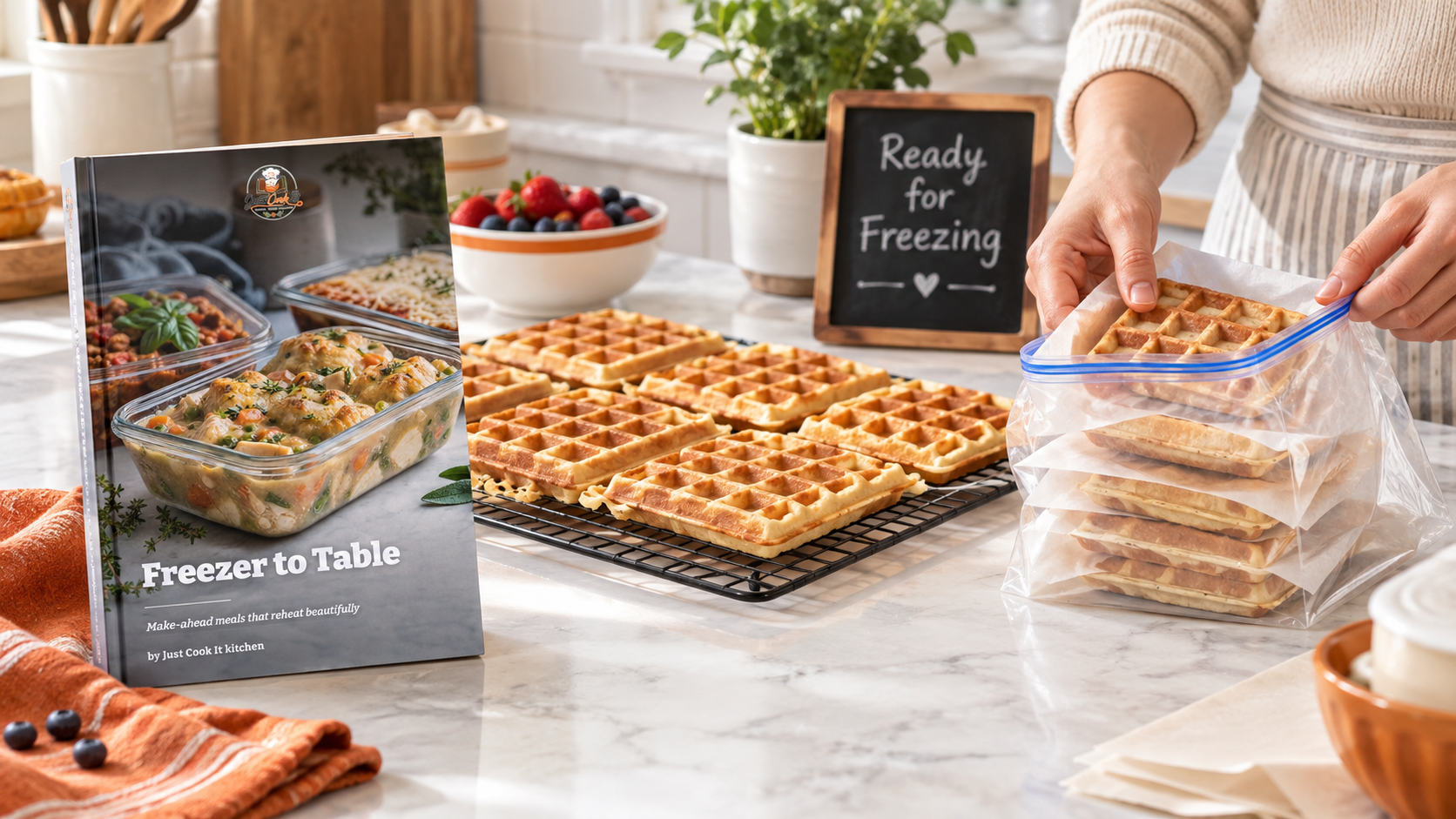 A person is placing freshly made waffles into a resealable plastic bag for freezing, with a cookbook titled "Freezer to Table" and a small chalkboard sign that says "Ready for Freezing" in the background, alongside a plate of fresh berries.