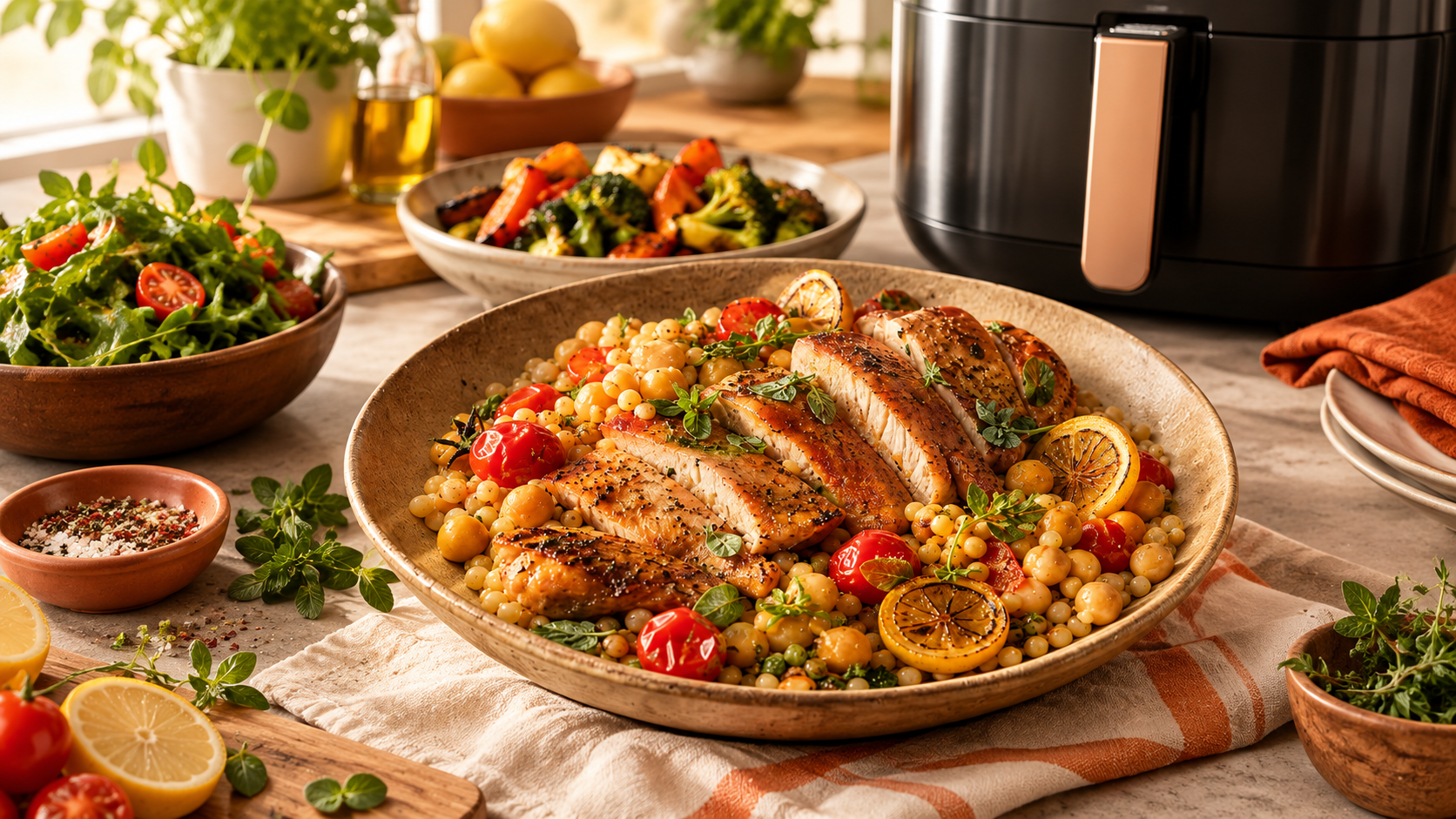 A beautifully arranged plate of grilled chicken breast served over couscous, garnished with cherry tomatoes and lemon slices, accompanied by a fresh salad and roasted vegetables, with an air fryer in the background.