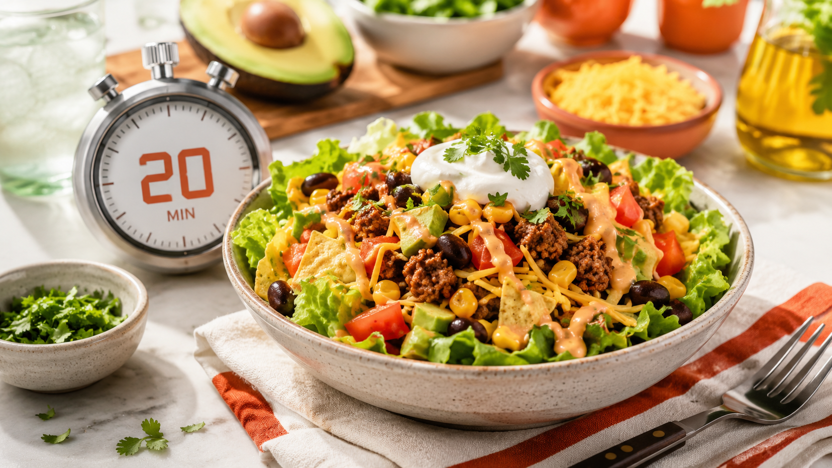 A vibrant taco salad bowl filled with lettuce, seasoned ground beef, black beans, corn, diced tomatoes, and topped with cheese, sour cream, and fresh cilantro, alongside a timer showing 20 minutes, set against a backdrop of fresh ingredients.