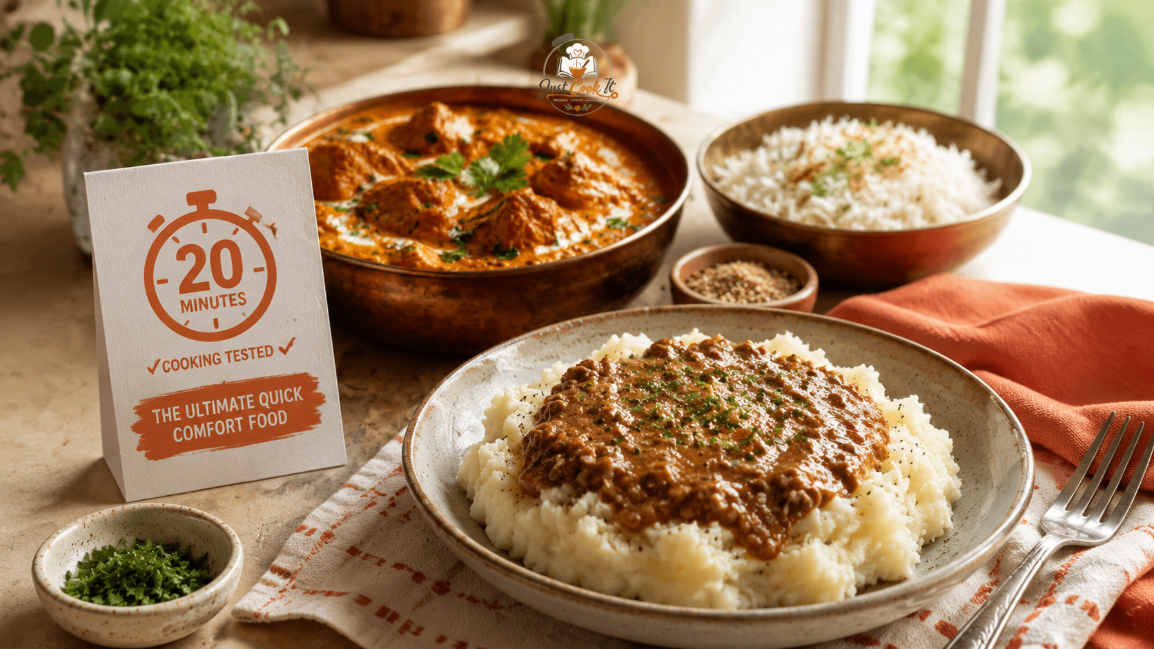 A bowl of creamy mashed potatoes topped with rich ground beef and gravy, accompanied by a side of rice and a decorative sign highlighting the 20-minute cooking time, all set against a cozy kitchen backdrop.