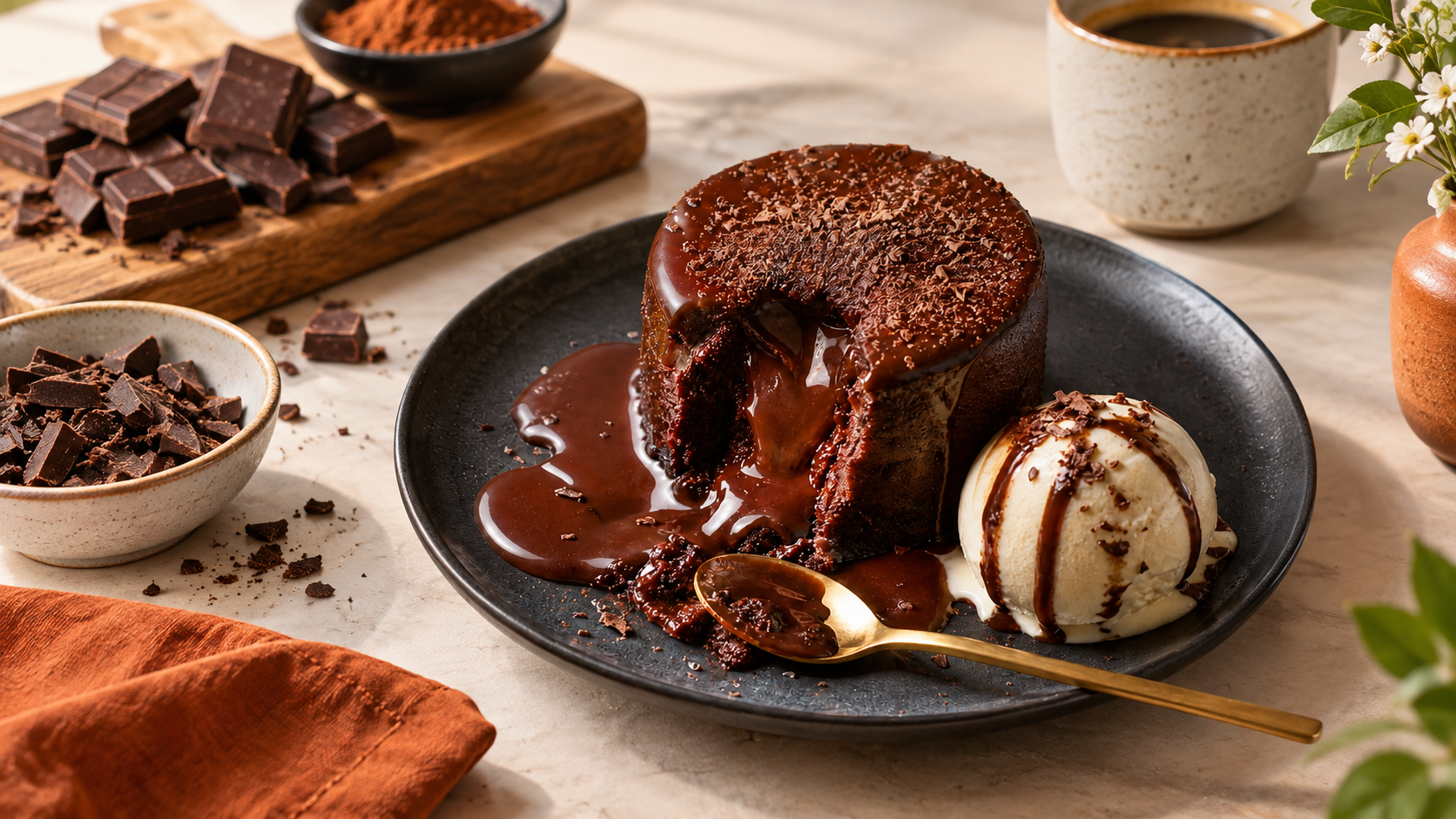 A rich chocolate lava cake oozes molten chocolate, served alongside a scoop of vanilla ice cream, with chocolate shavings on top, and garnished with a sprig of flowers, set on a textured plate with chocolate pieces and a coffee cup in the background.