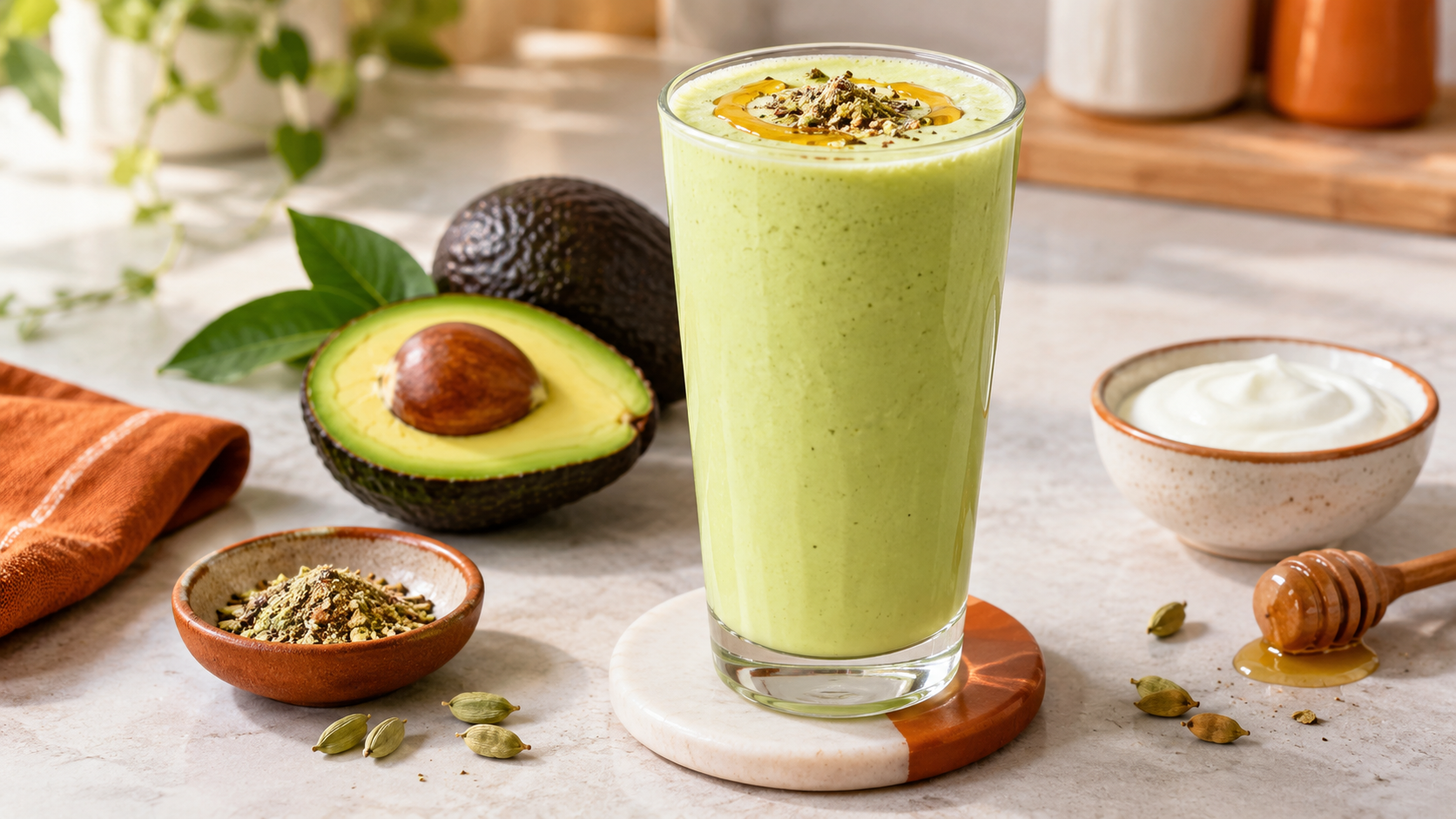 A vibrant green avocado lassi in a tall glass, topped with a sprinkle of spices, surrounded by fresh avocados, yogurt, honey, and a small bowl of spices on a light countertop.