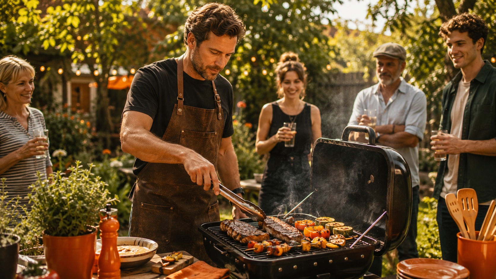A man in an apron grills skewers of meat and vegetables on a barbecue, surrounded by friends enjoying drinks and watching in a vibrant backyard setting filled with greenery and warm lighting.