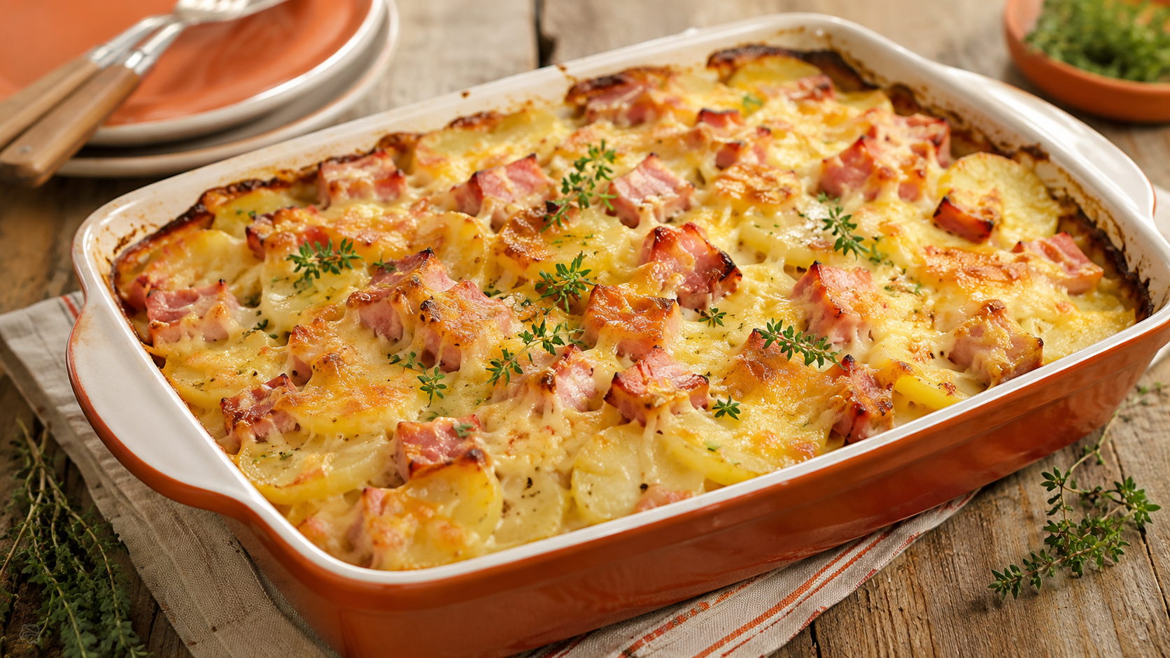 A golden-brown potato and ham bake topped with melted cheese and fresh thyme, served in a white ceramic dish on a rustic wooden table.
