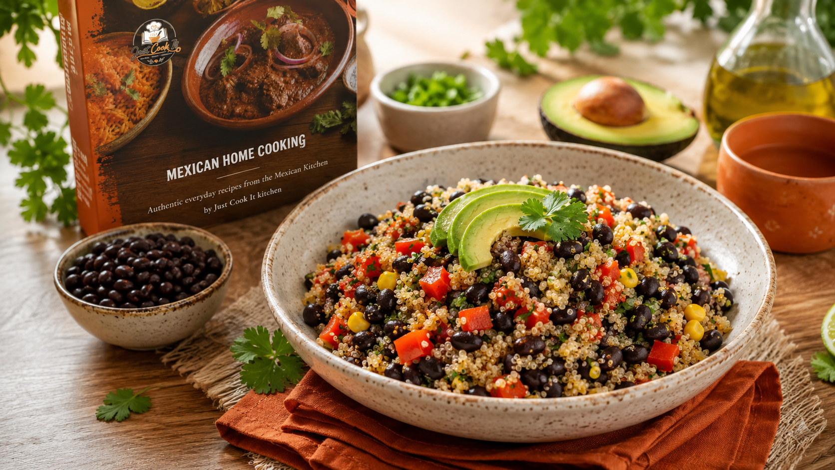 A colorful bowl of black bean and quinoa salad topped with avocado slices and cilantro, accompanied by a box of Mexican cooking recipes and ingredients like black beans and chopped green onions in the background.