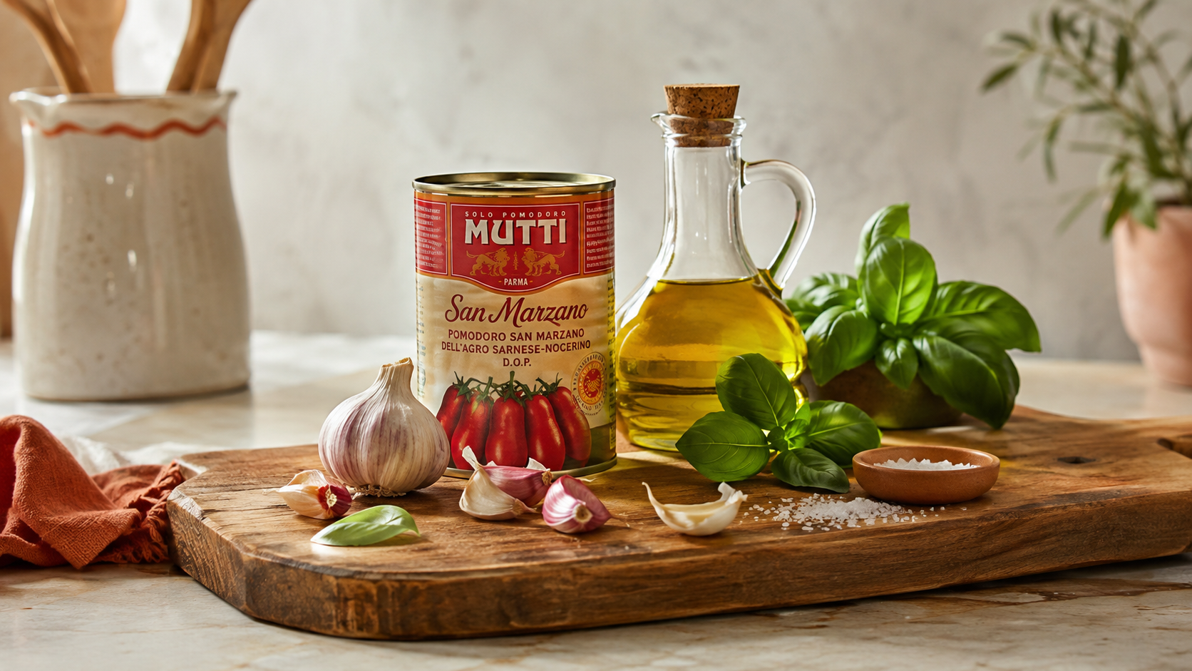 Canned San Marzano tomatoes, garlic cloves, olive oil in a glass bottle, fresh basil leaves, and salt are artfully arranged on a wooden cutting board, with a rustic kitchen backdrop.