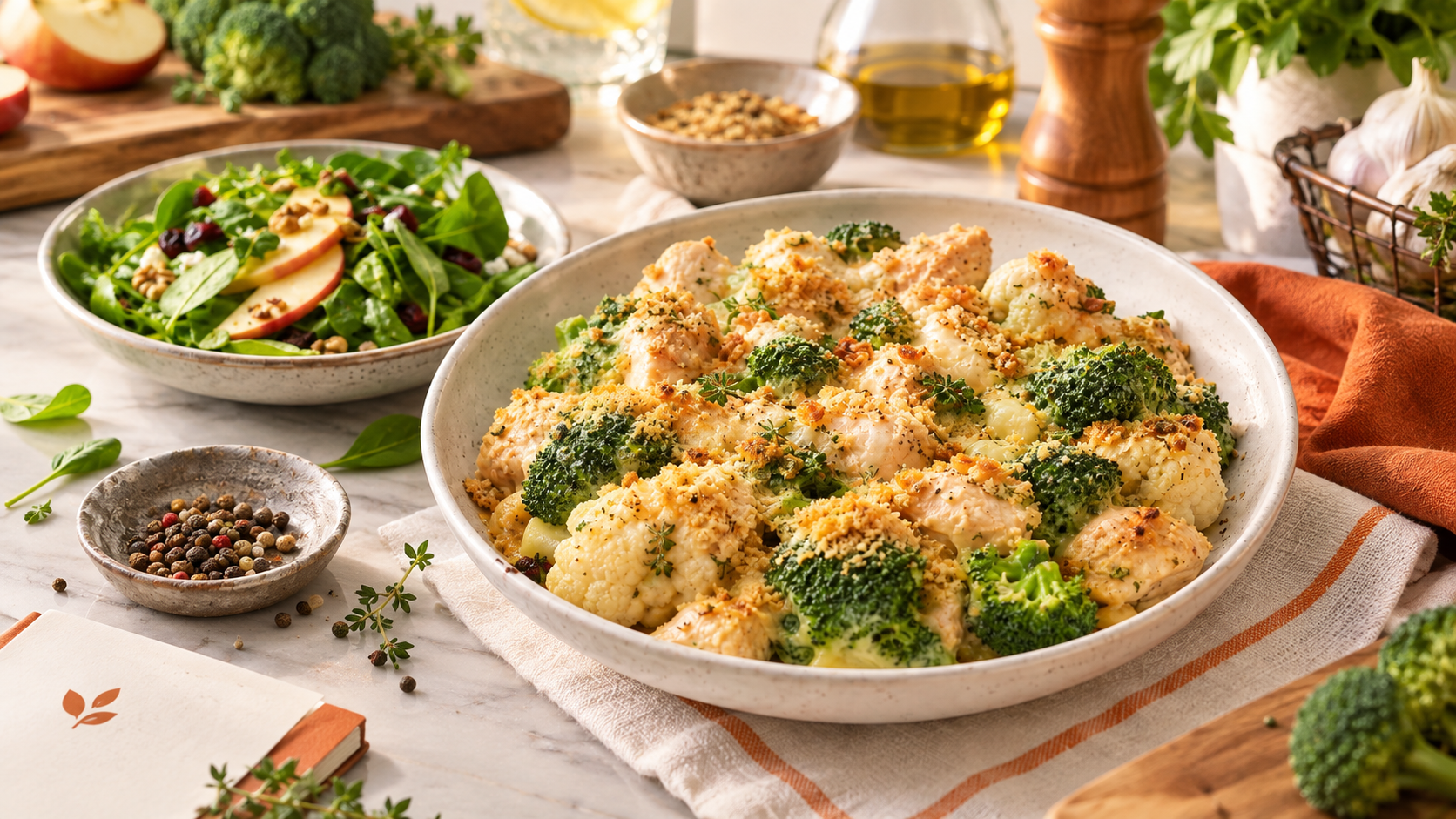 A creamy broccoli and cauliflower casserole topped with breadcrumbs is displayed in a large bowl, surrounded by a fresh salad, herbs, olive oil, and spices on a marble countertop.