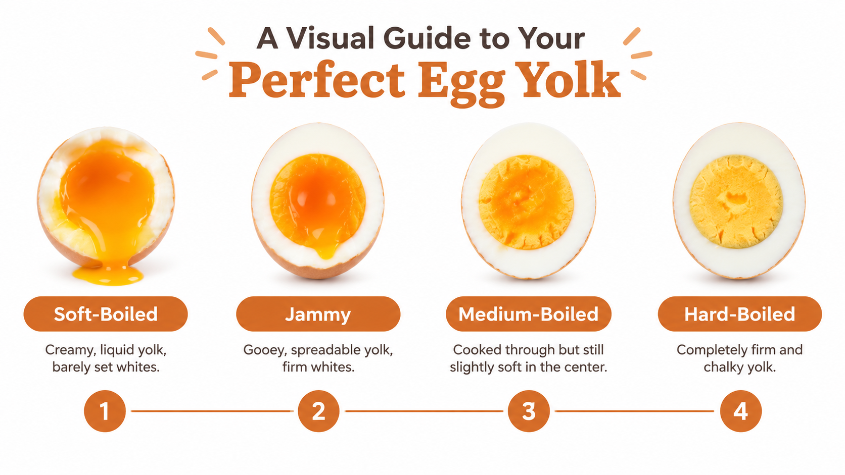 A visual guide displays four halved boiled eggs, showing a progression from soft-boiled with a runny yolk to hard-boiled with a firm, chalky yolk.